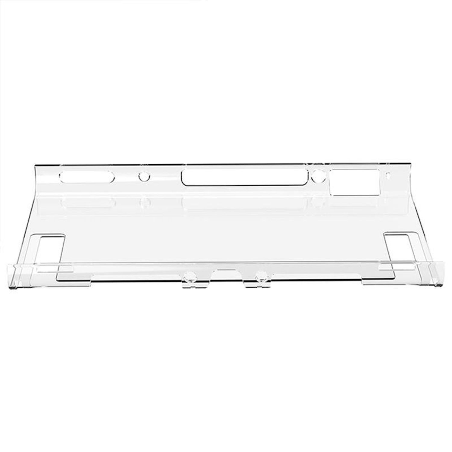 Un dispositivo de plástico transparente y transparente. Tiene forma rectangular con una serie de recortes y aberturas, presumiblemente para ventilación o acceso.