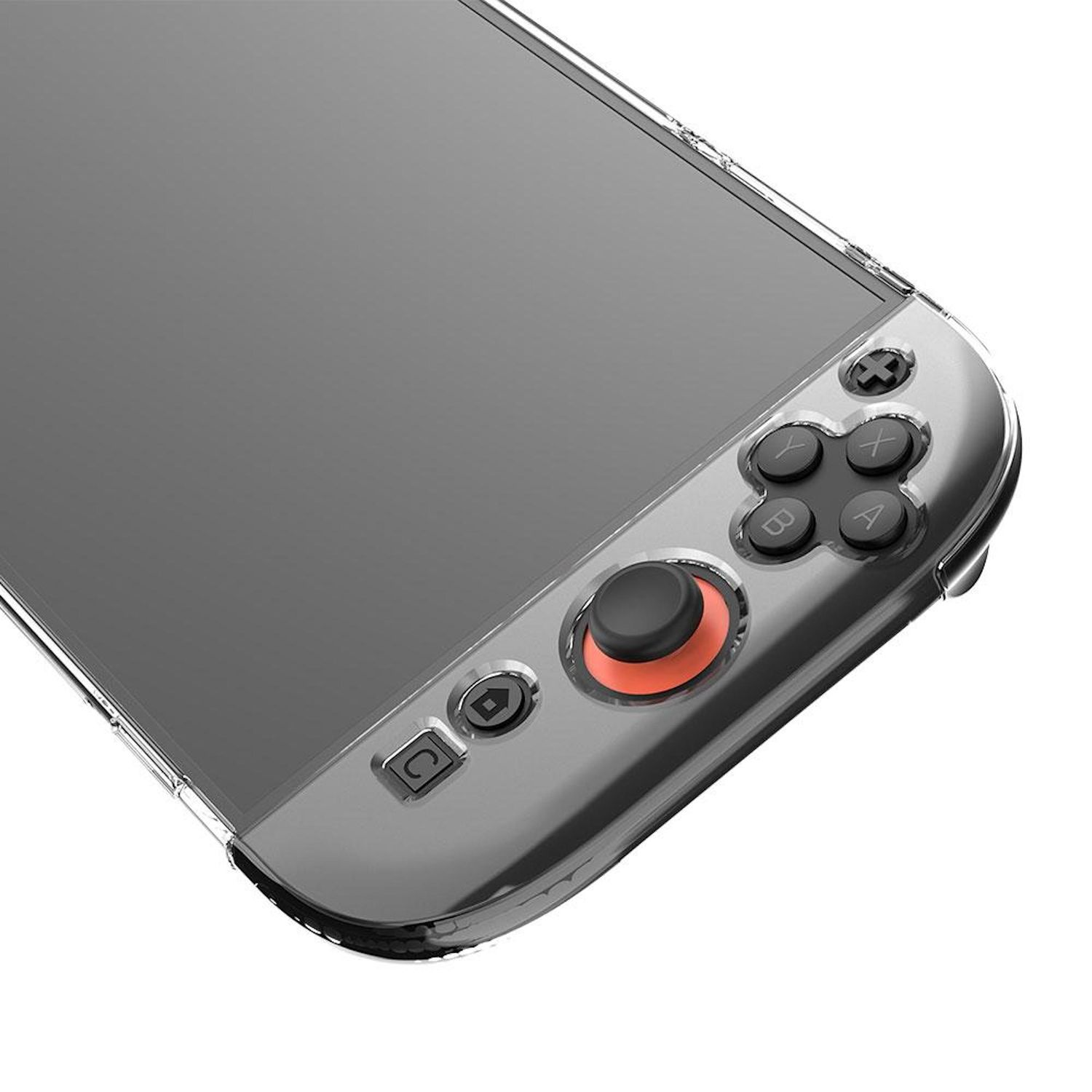 Primer plano de un controlador de consola de juegos con botones y un joystick. El dispositivo es gris y tiene una cubierta transparente.