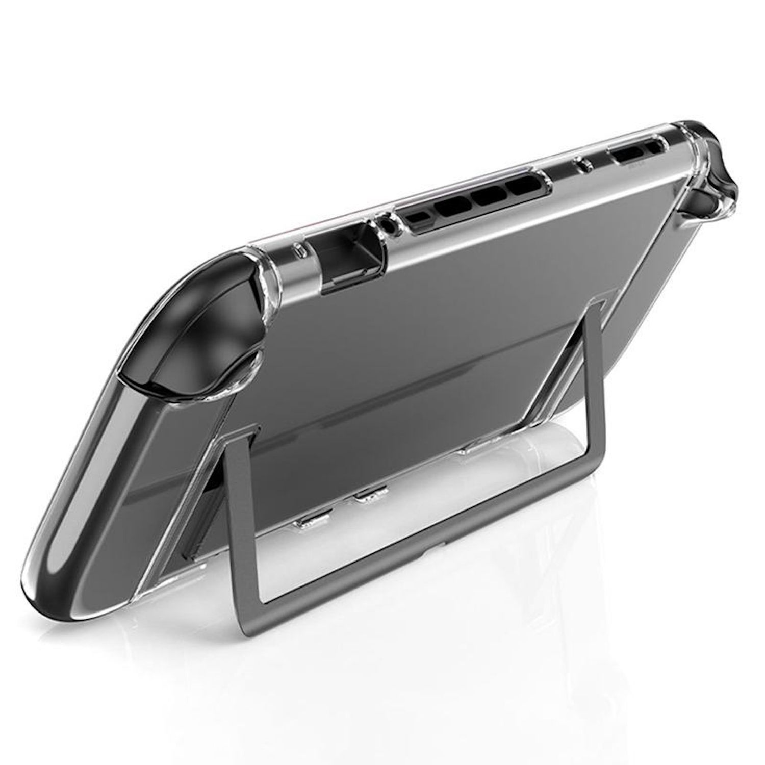 Una funda protectora transparente para una tableta se apoya en un soporte gris, sobre una superficie blanca.