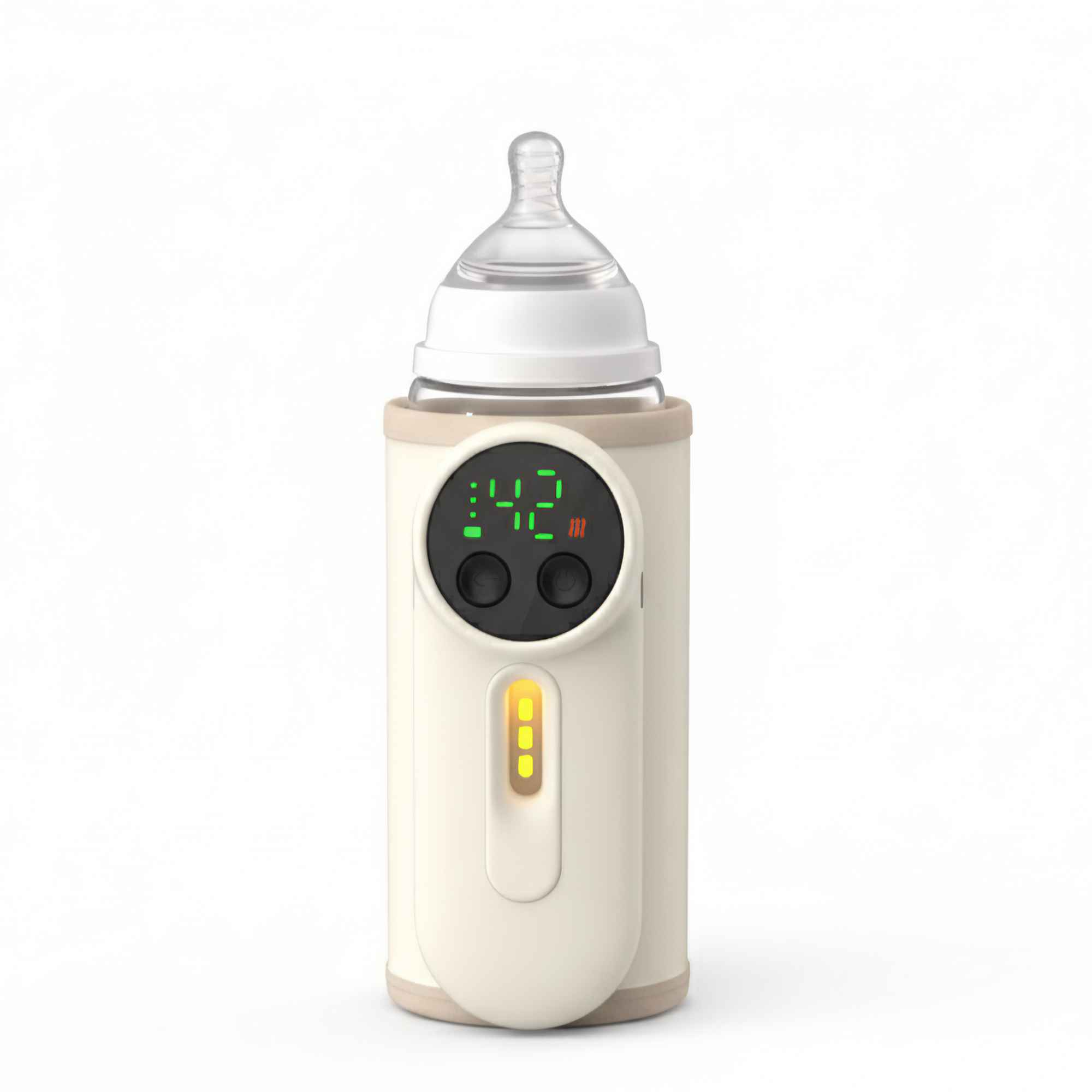 Ein cremefarbener Babyflaschenwärmer mit Flasche und Sauger. Es hat eine Digitalanzeige mit Temperatur.