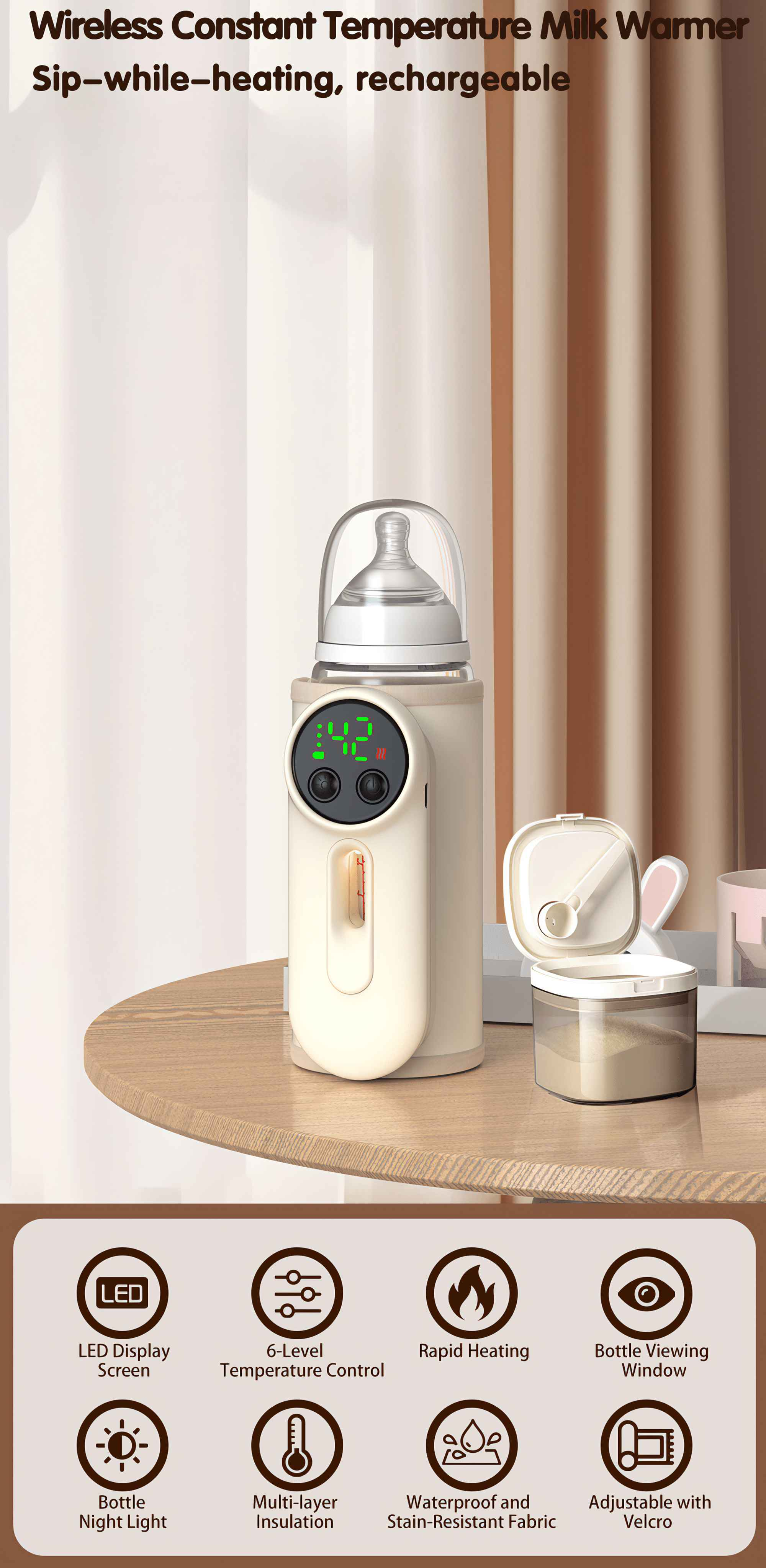 Ein cremefarbener Babyflaschenwärmer mit Flasche, Milchpulverbehälter und Produktmerkmalsymbolen auf einem Holztisch.