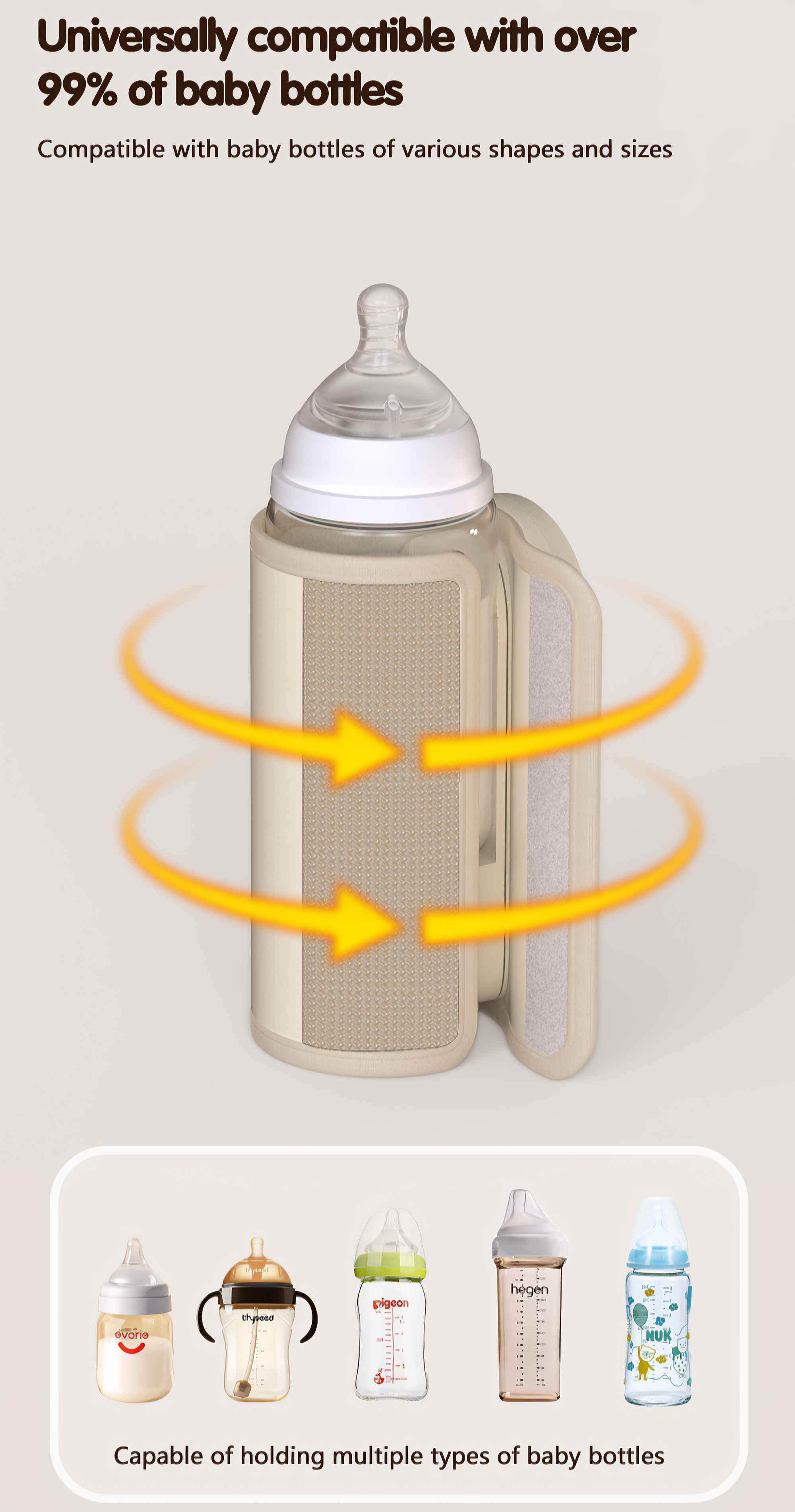 Das Bild zeigt einen Babyflaschenwärmer mit Pfeilen. Er ist universell mit vielen Babyflaschen kompatibel.