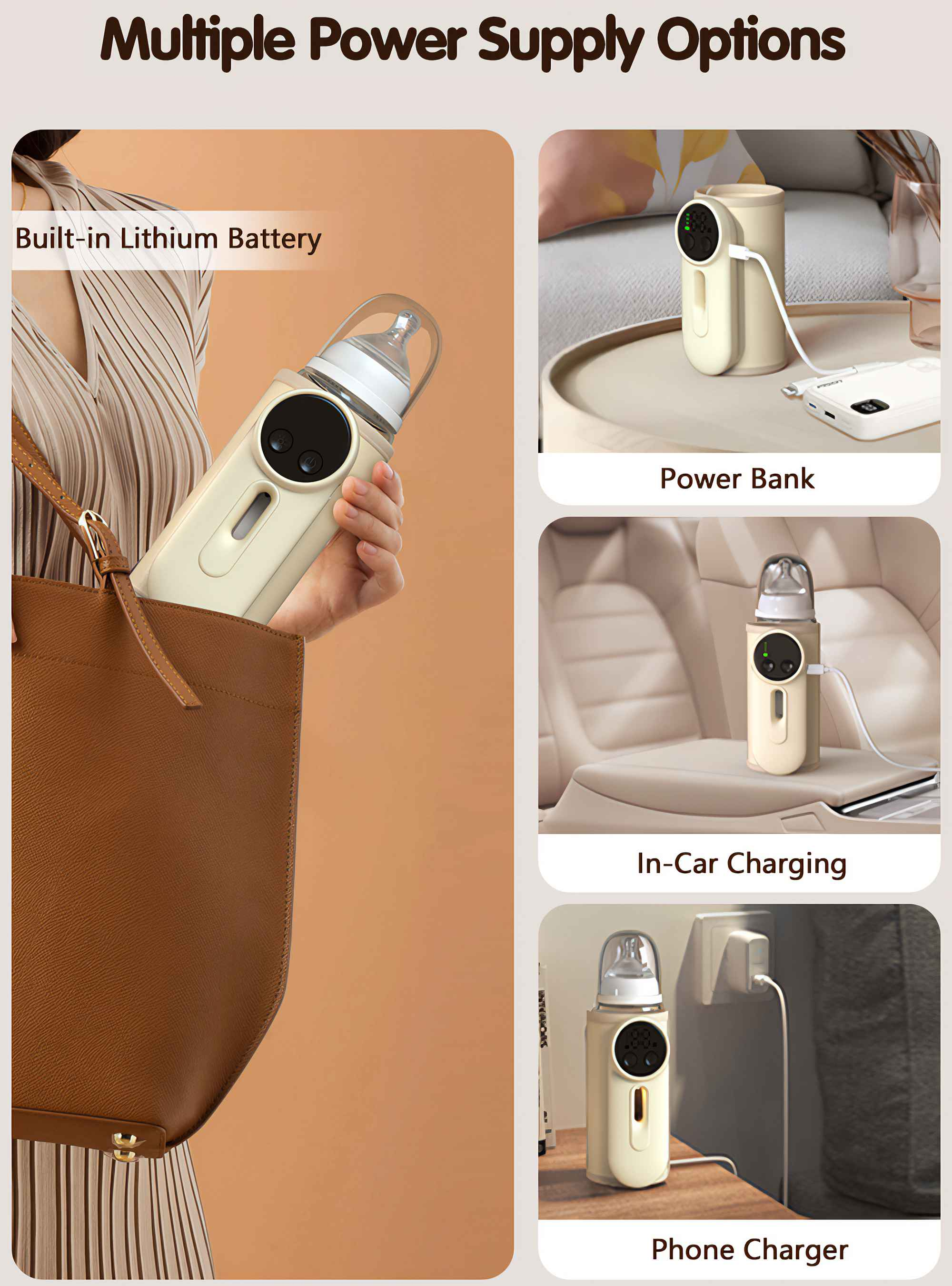 Das Bild zeigt einen Babyflaschenwärmer mit mehreren Stromversorgungsoptionen: eingebauter Akku, Powerbank, Autoladegerät und Wandladegerät.