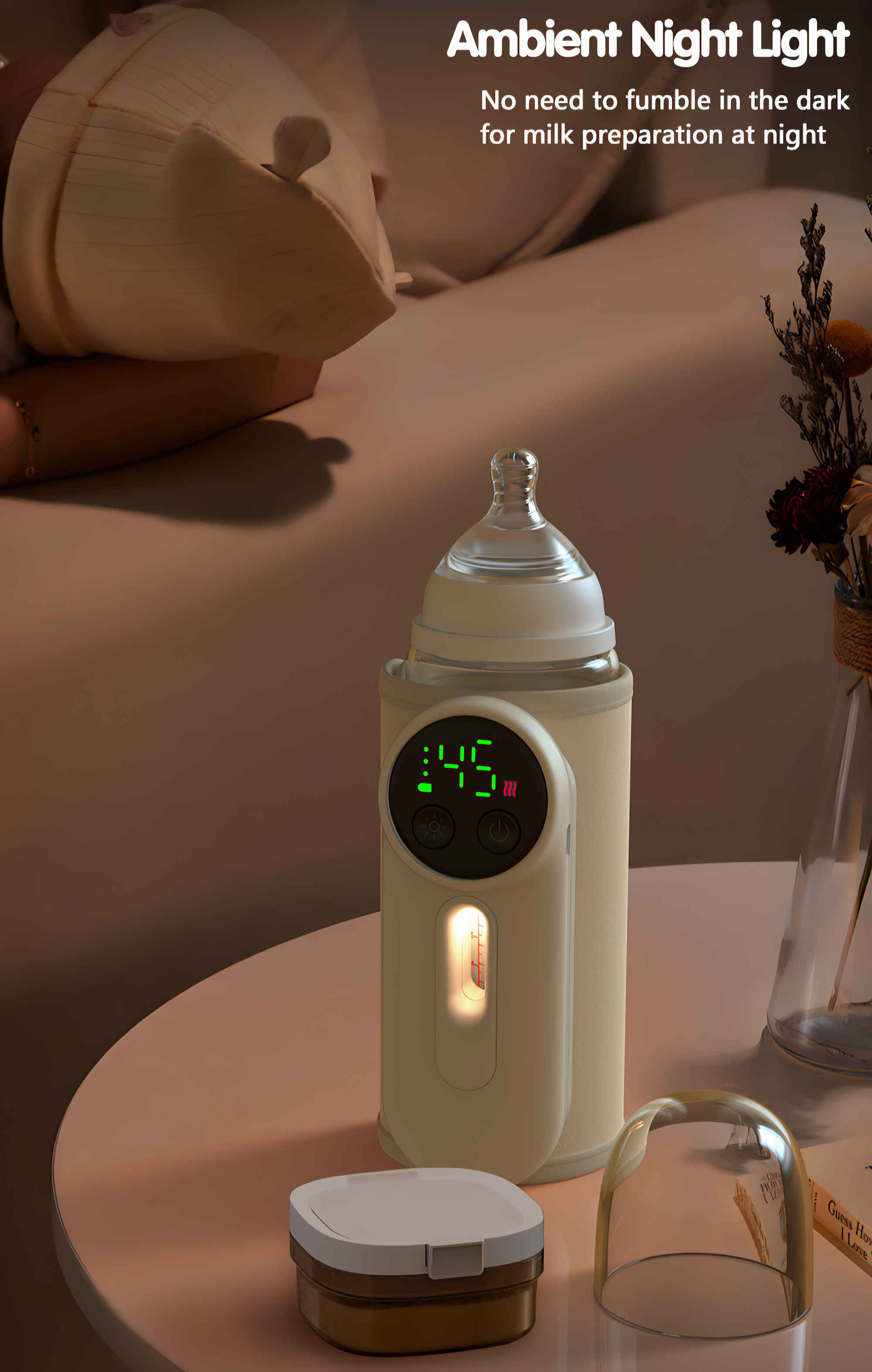 Ein Babyflaschenwärmer mit Digitalanzeige steht auf einem Tisch. Ein Behälter und ein Glas sind in der Nähe.
