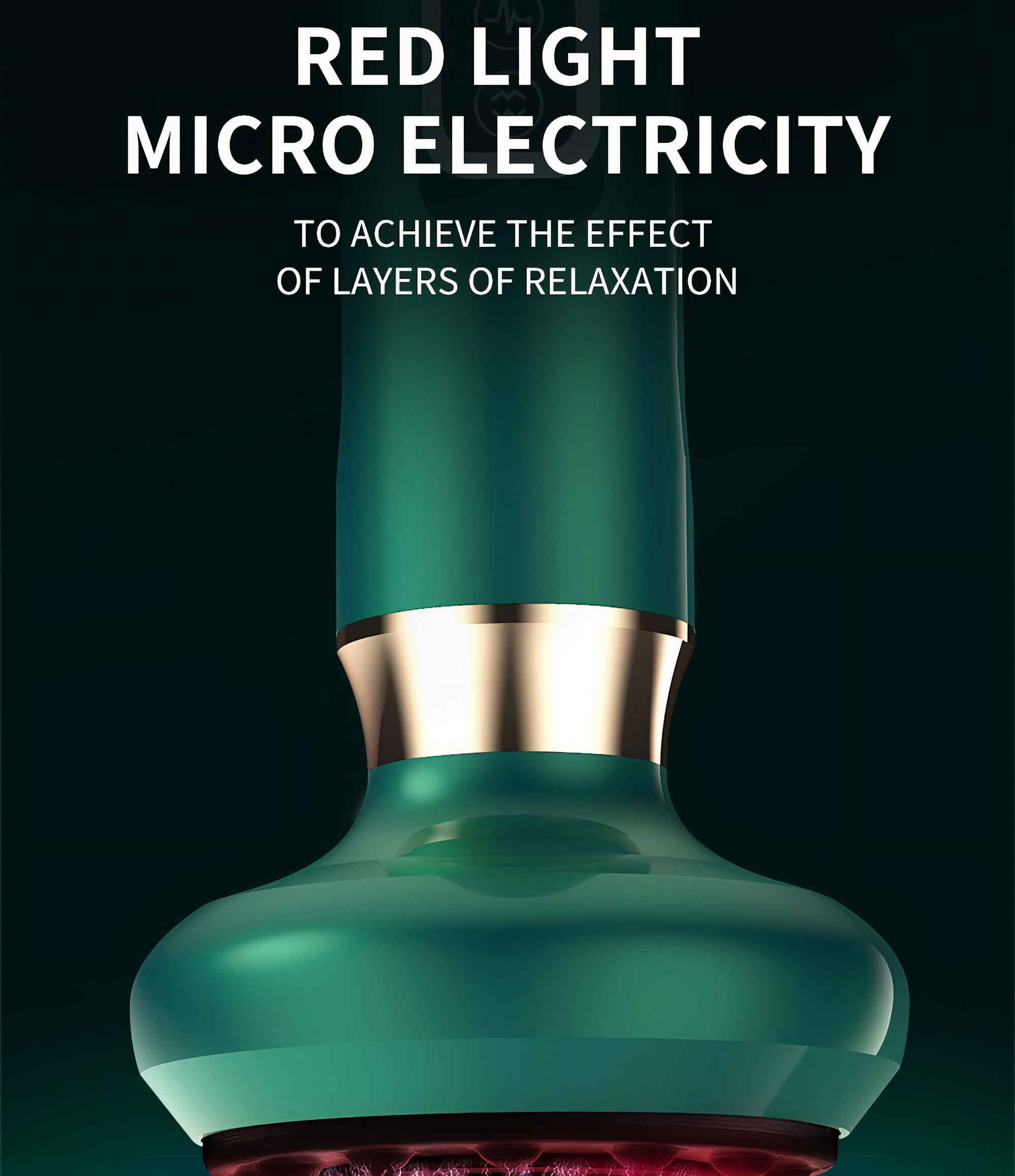 Grünes Gerät mit goldenem Band und roter Basis. Text: 'RED LIGHT MICRO ELECTRICITY' und 'TO ACHIEVE...RELAXATION'.