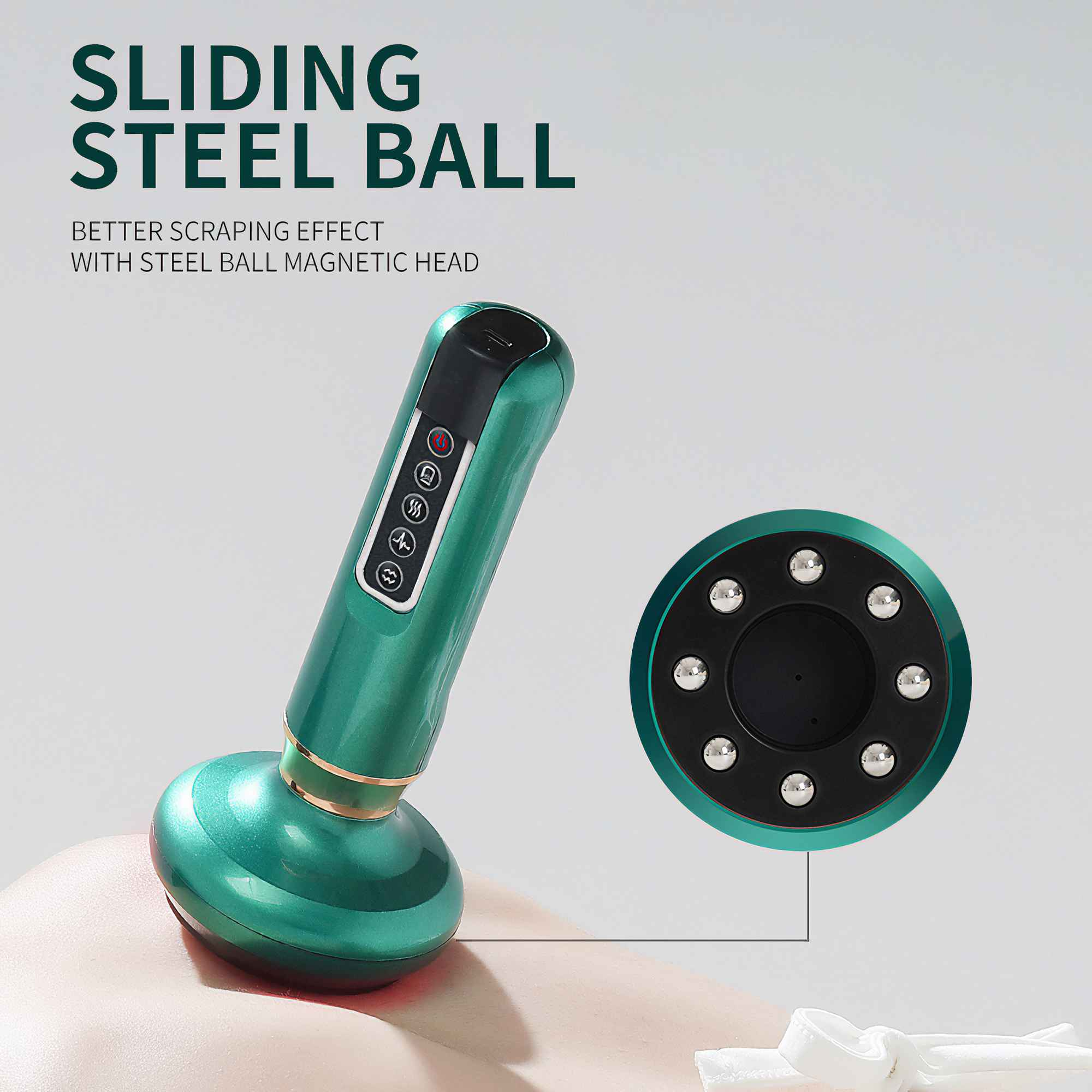 Grünes Massagegerät mit Stahlkugelkopf, neben einem kreisförmigen Kopf mit Stahlkugeln. Text lautet 'Sliding Steel Ball'.