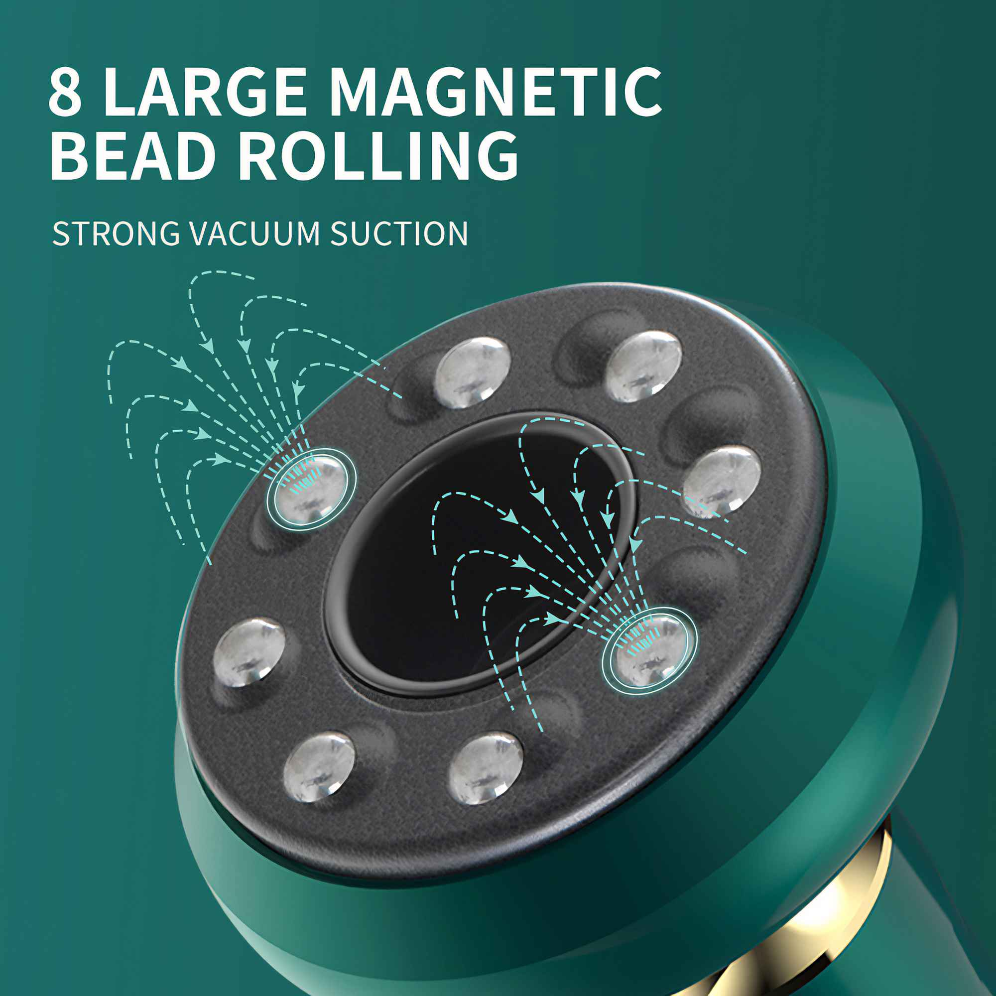 Ein grünes Gerät mit 8 Magnetkugeln, Vakuumsauger und Pfeilen, die die Funktionalität anzeigen. Der Text lautet: "8 Large Magnetic Bead Rolling".