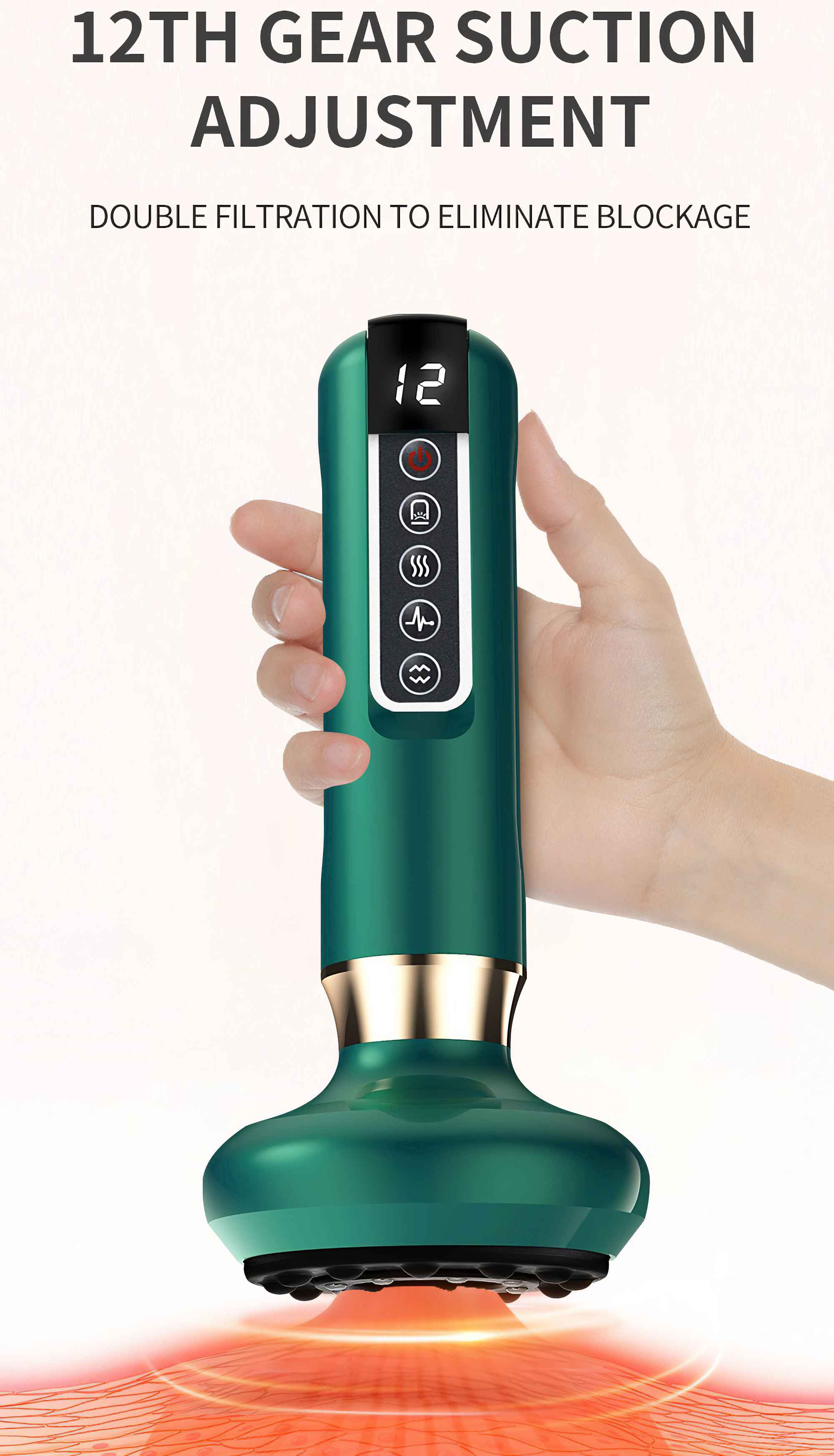 Eine Hand hält ein grünes Sauggerät mit digitaler Anzeige 12. Text: 12. Gang Saug-Einstellung.