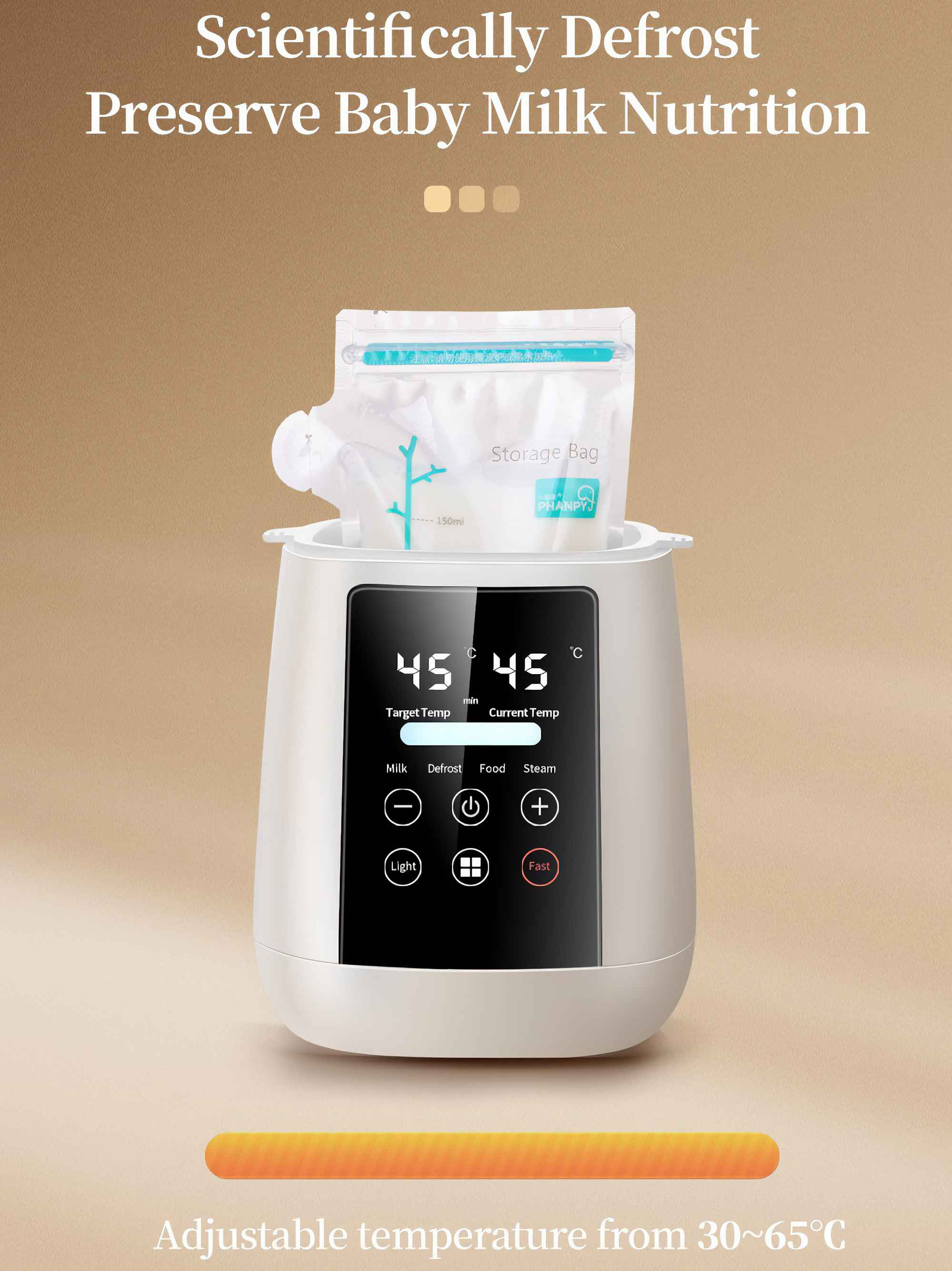 Ein weißer Baby-Milchwärmer mit einem Aufbewahrungsbeutel. Der Wärmer hat ein digitales Display und Knöpfe.
