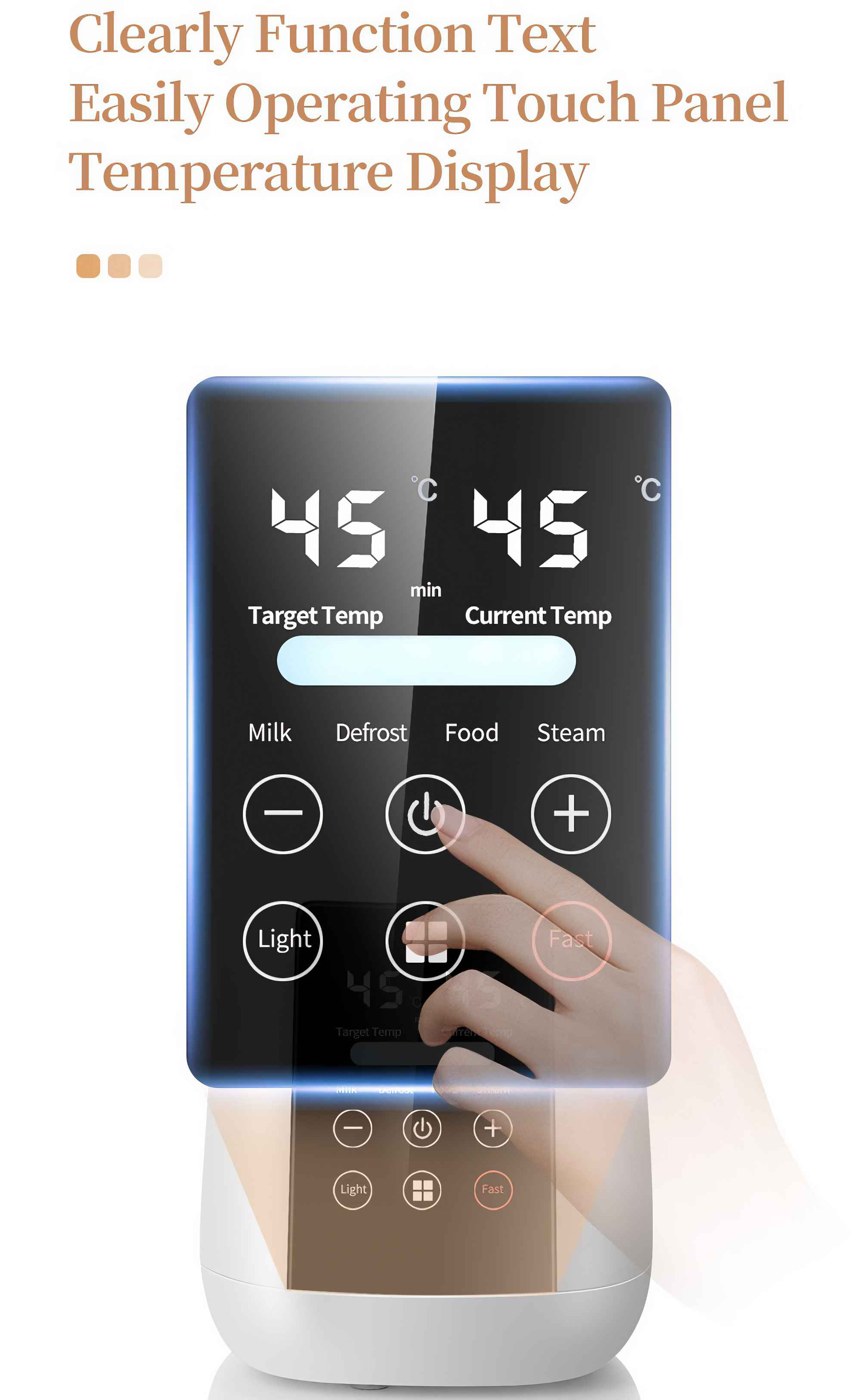 Ein Touchpanel zeigt Ziel- und aktuelle Temperaturen an, mit Optionen für Milch, Auftauen, Essen und Dampf. Eine Hand interagiert mit dem Panel.