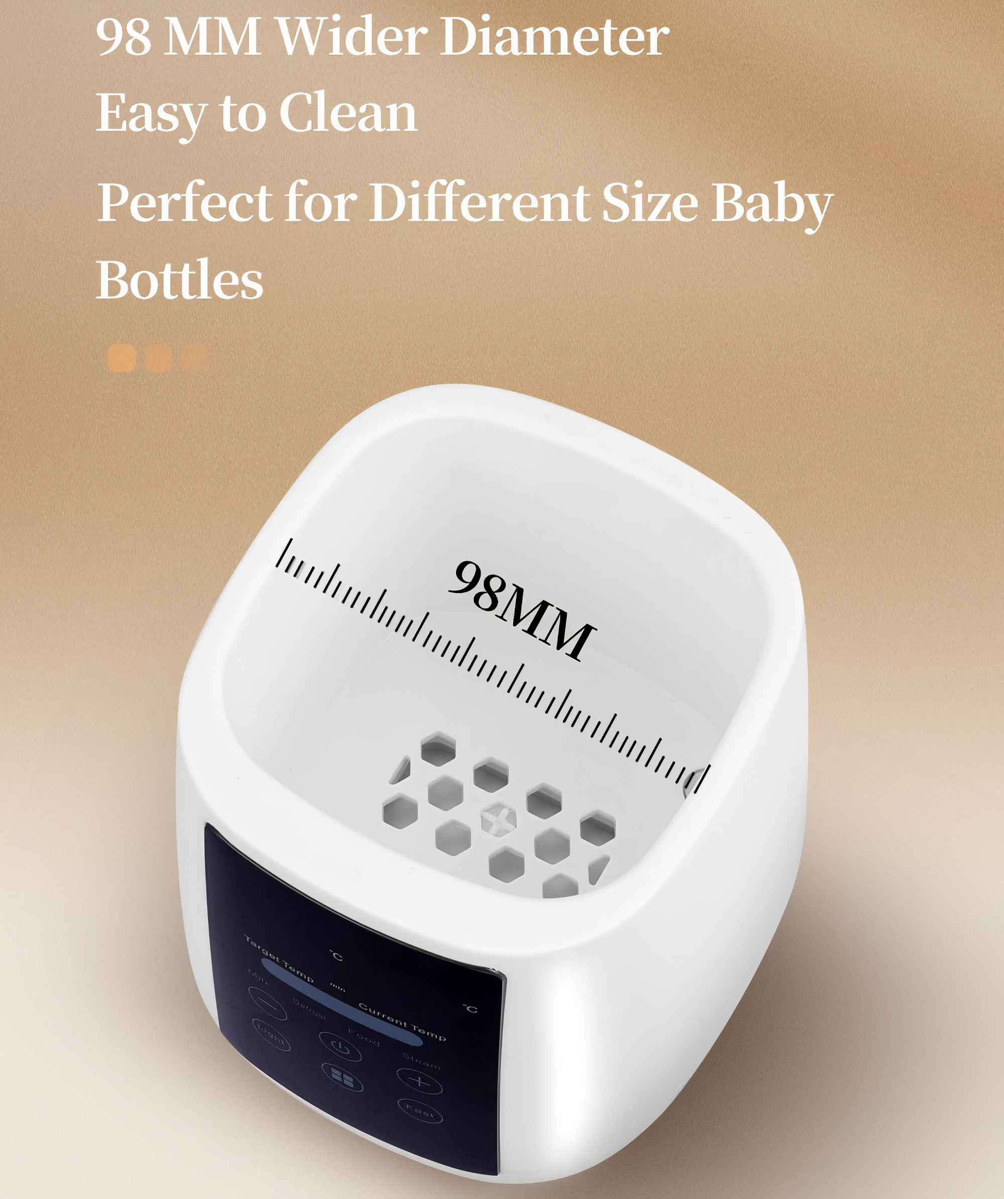 Weißer Babyflaschenwärmer mit 98 mm Durchmesser. Er hat eine Digitalanzeige und Knöpfe. Text: Einfach zu reinigen, perfekt für Flaschen.