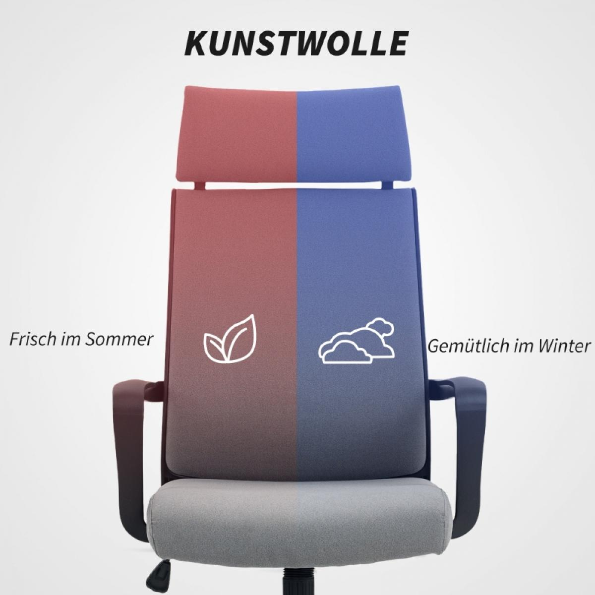 Bürostuhl mit rot/blauem Rückenteil, grauem Sitz. Text: Kunstwolle. 'Frisch im Sommer' und Blatt-Symbol links, 'Gemütlich im Winter' und Wolken-Symbol rechts.
