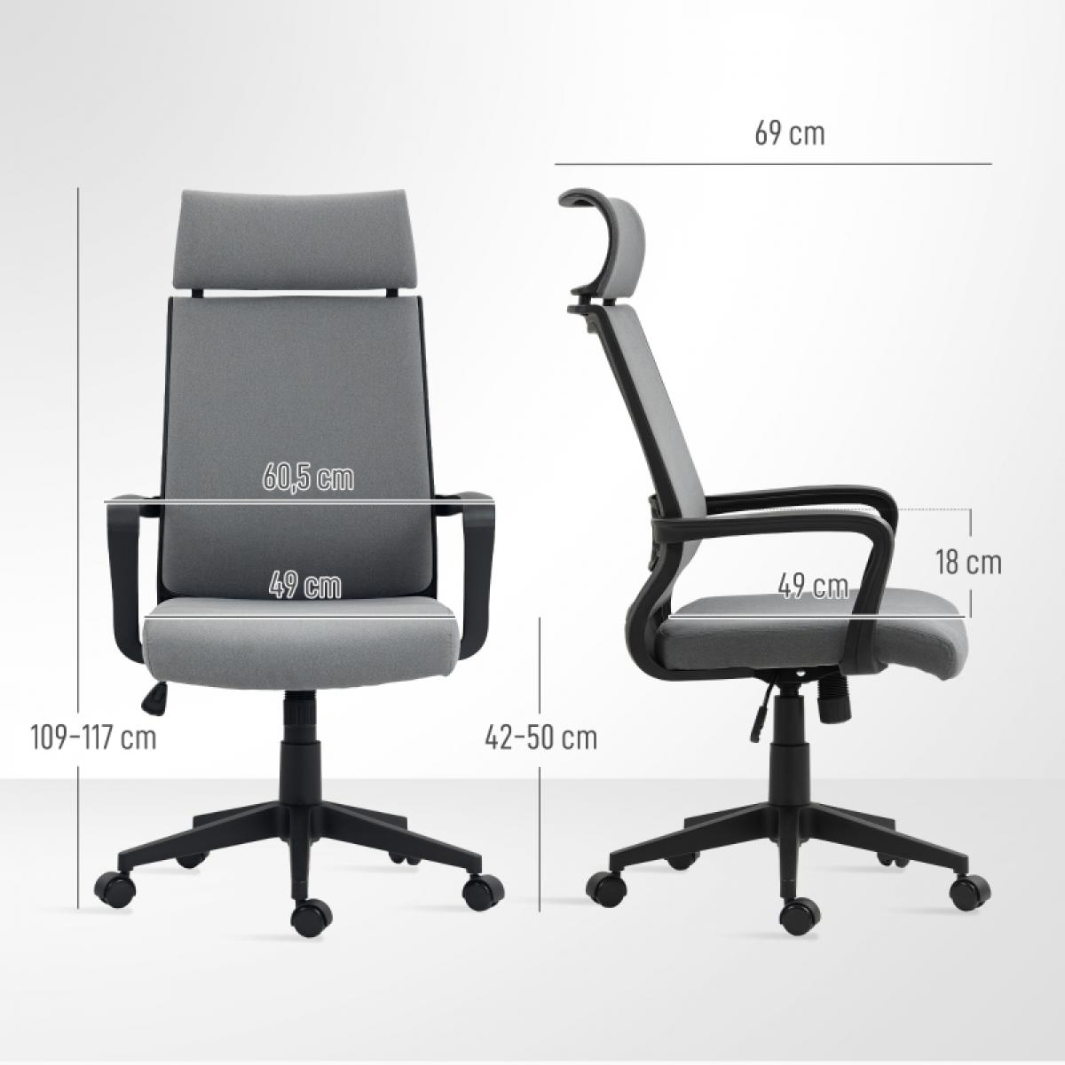 Grauer Bürostuhl, von vorne und von der Seite gezeigt. Abmessungen sind angegeben: Höhe 109-117 cm, Sitzbreite 49 cm, Armlehnenhöhe 18 cm.
