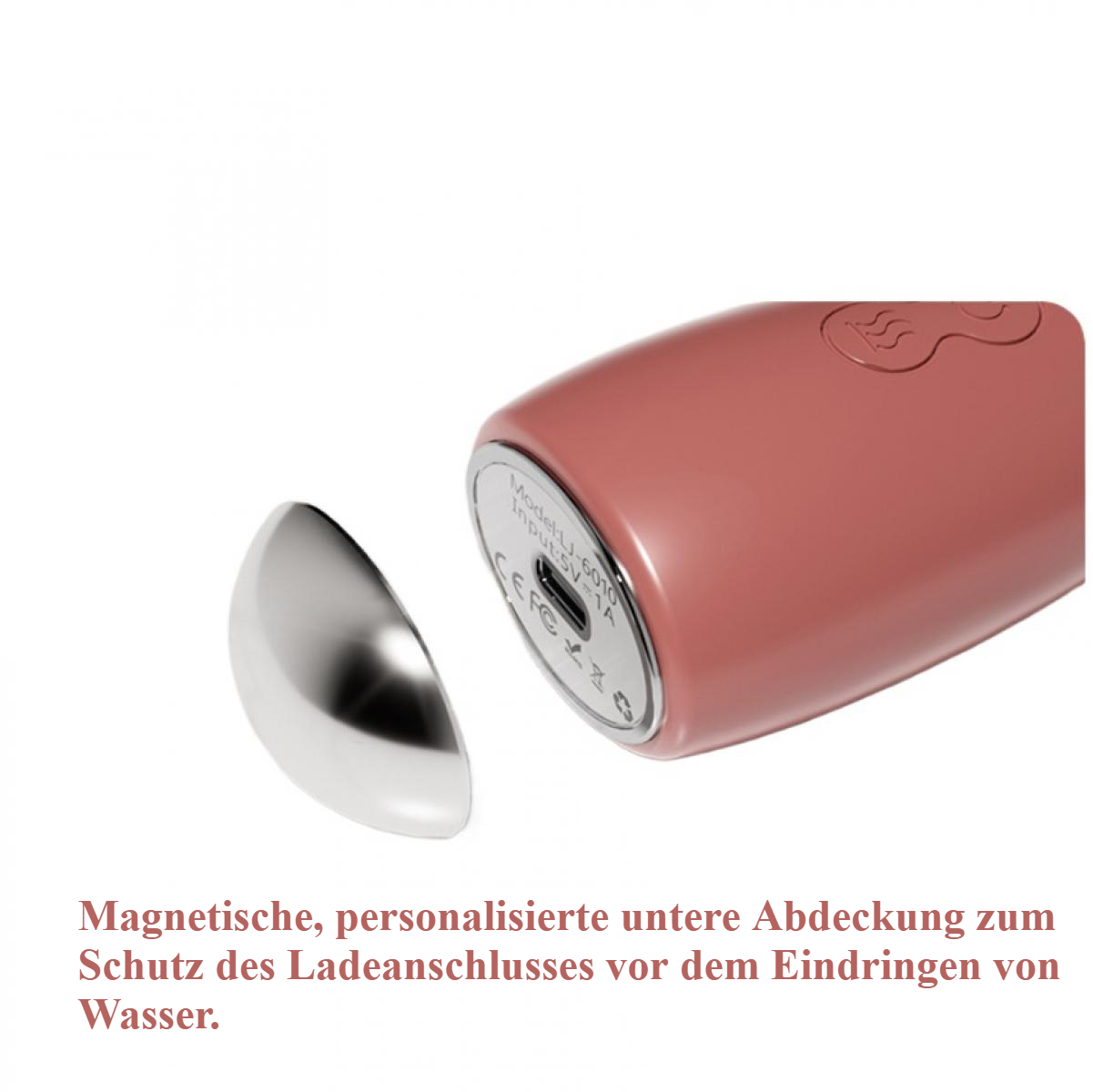 Ein rosa Gerät mit silberner Kappe. Das Gerät hat einen Ladeanschluss und ist wasserdicht.