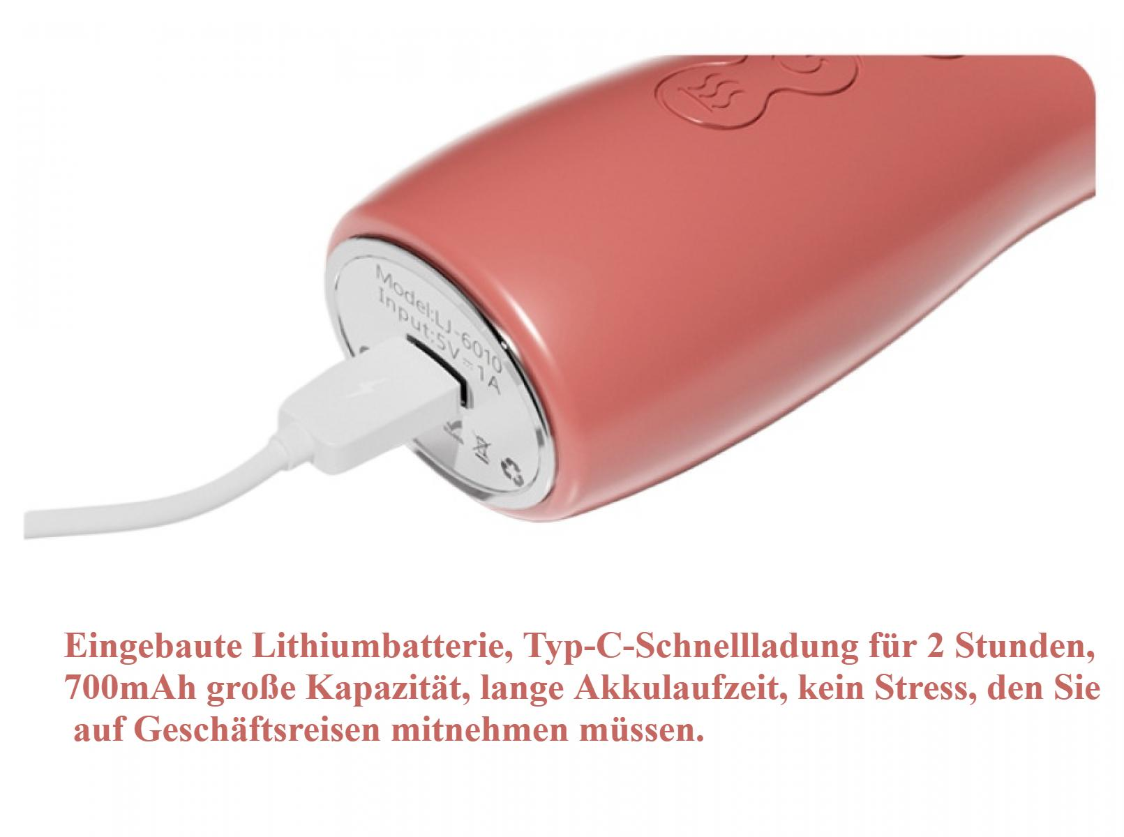 Ein rosafarbenes Gerät mit USB-C-Anschluss, weißem Kabel und Text mit der Aufschrift 'Model LJ-6010 Input: 5V-1A'.