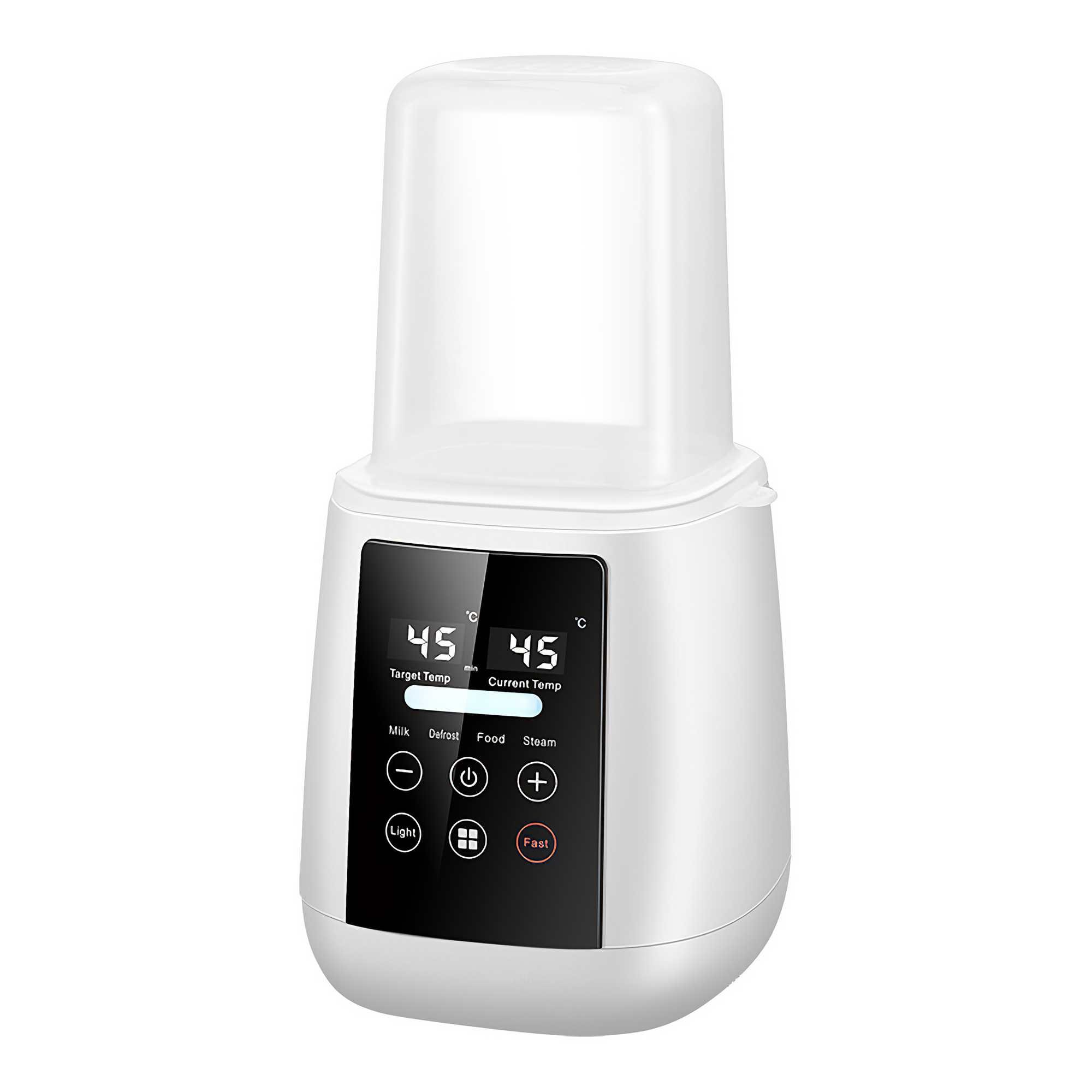 Ein weißer Babyflaschenwärmer mit Digitalanzeige für Ziel- und Ist-Temperatur. Knöpfe für Milch, Auftauen, Essen und Dampf.