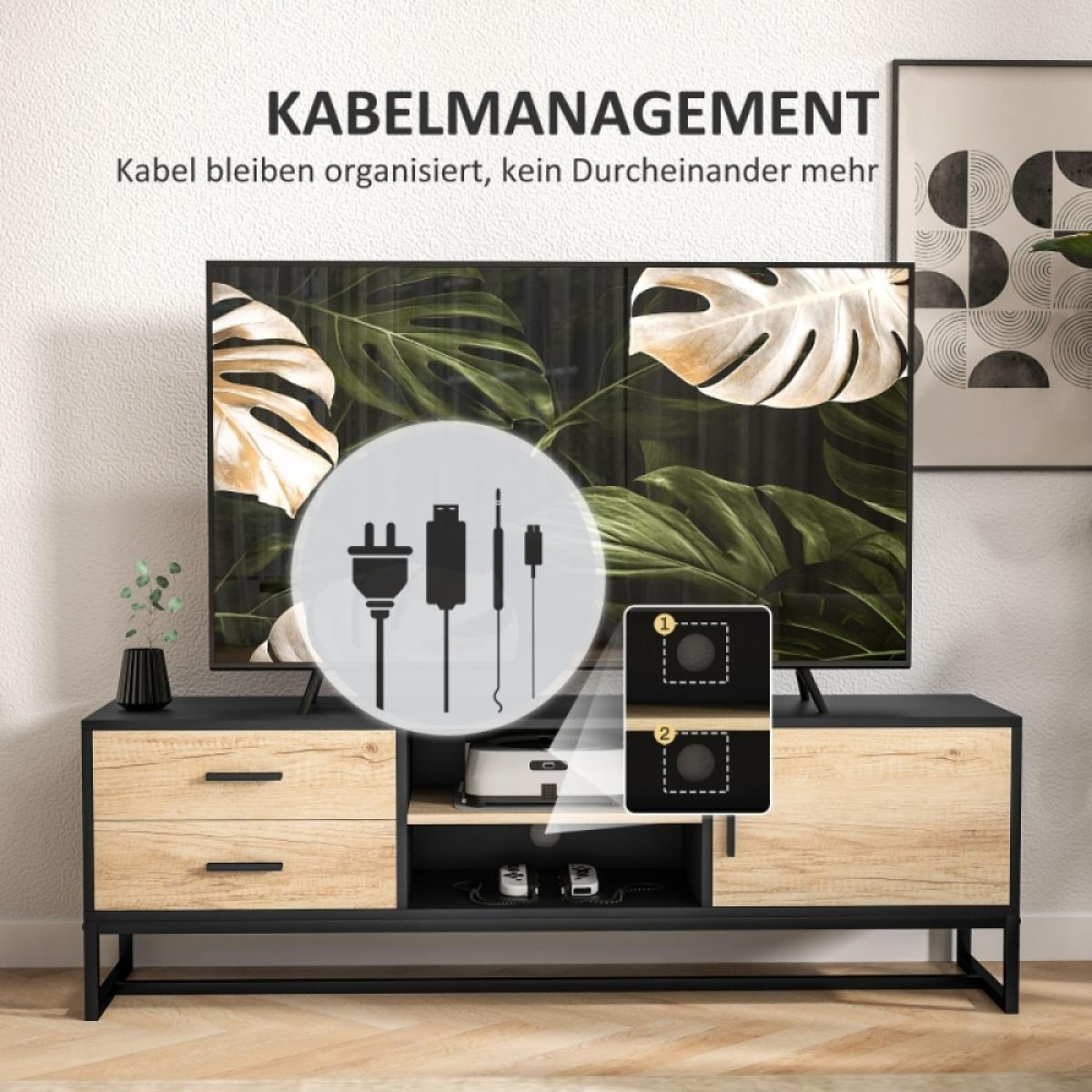 Fernseher auf Holzschrank mit Kabeln. Diagramm zeigt Stecker. Text: 'Kabelmanagement', Kabel bleiben organisiert.