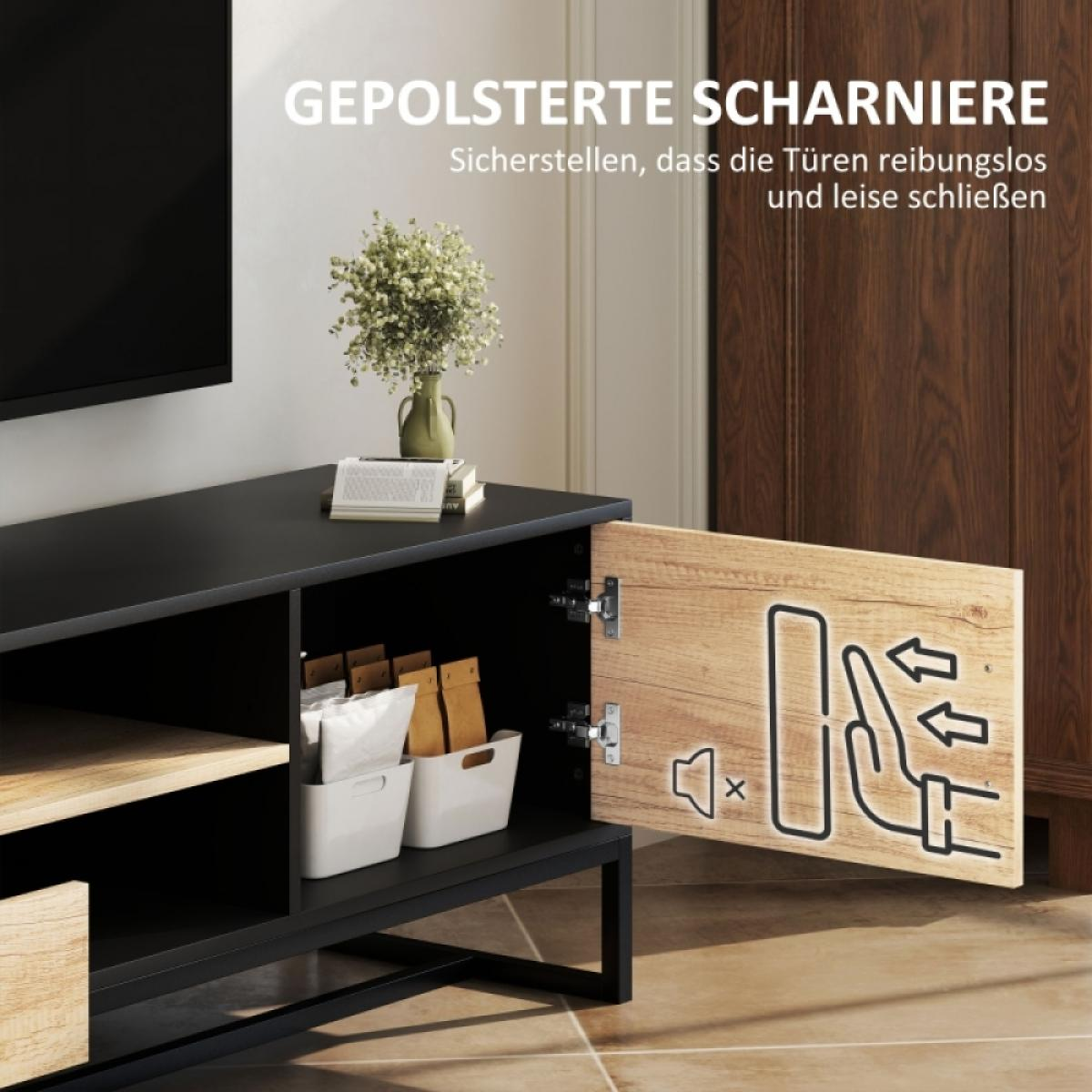 Ein moderner TV-Ständer mit offener Tür, der Aufbewahrungskörbe und eine Grafik mit Schall- und Handsymbolen zeigt.