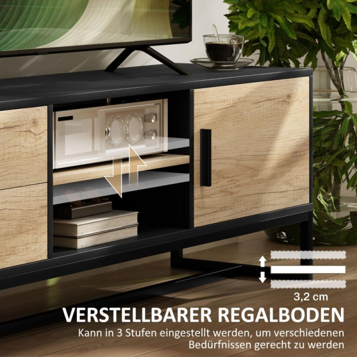 Holzschrank mit schwarzem Rahmen, verstellbares Regal. Oben steht eine Kaffeetasse. Text zeigt verstellbare Regaloptionen.