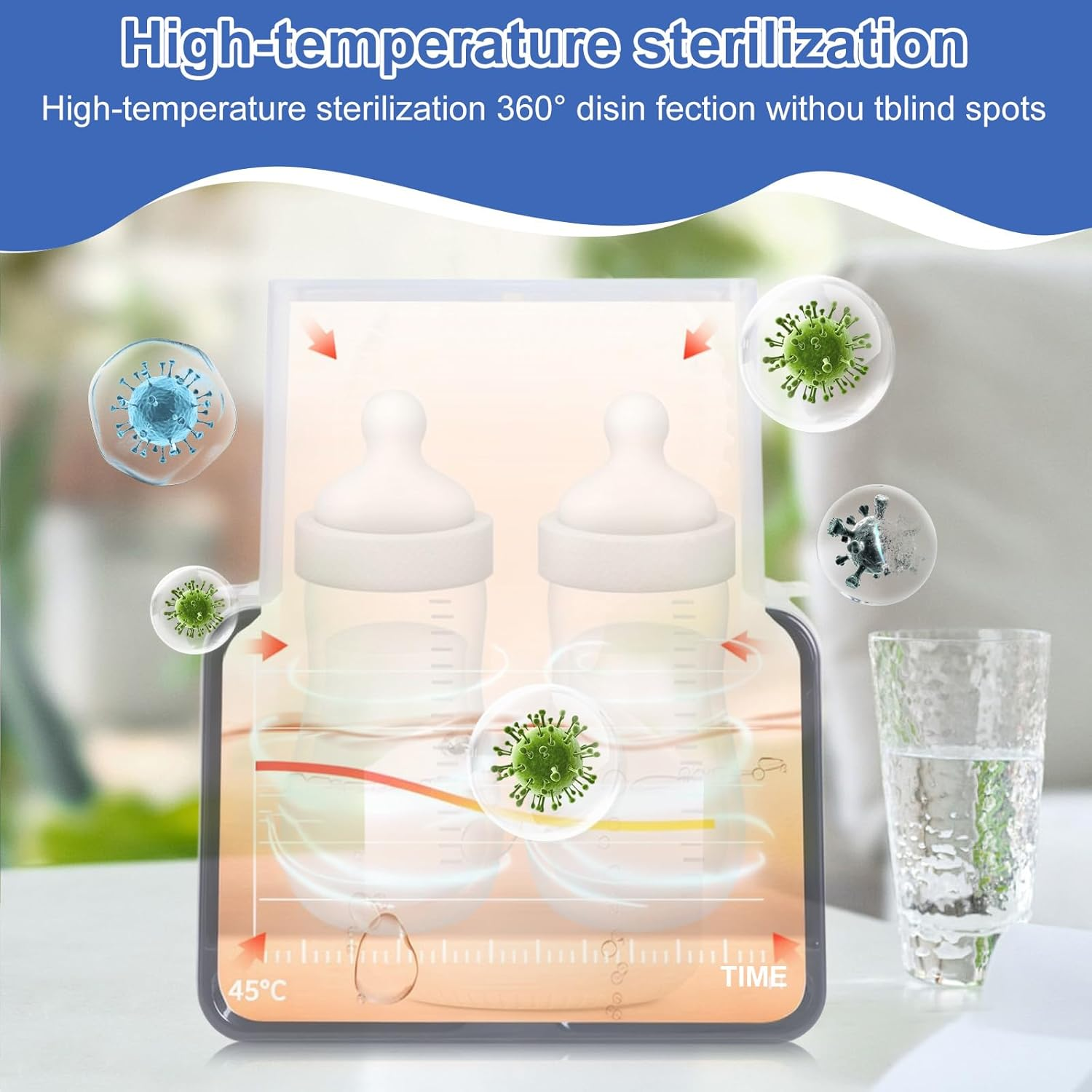 Das Bild zeigt Babyflaschen und ein Glas Wasser. Es veranschaulicht die Hochtemperatursterilisation. Mikroben schweben um die Flaschen herum.