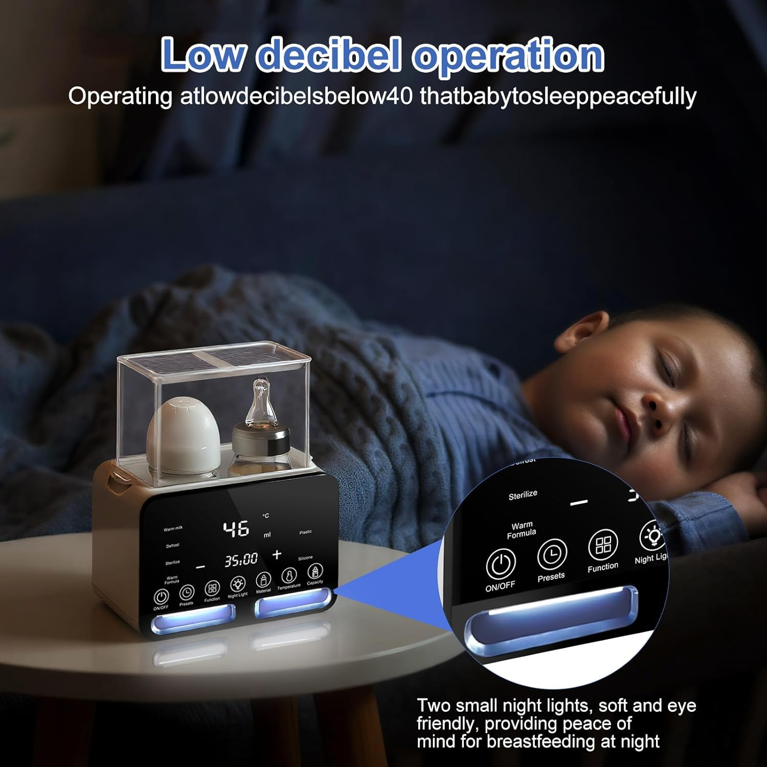 Ein Baby schläft in der Nähe eines Flaschenwärmers. Der Wärmer hat ein digitales Display und Knöpfe. Text erwähnt geräuscharmen Betrieb.
