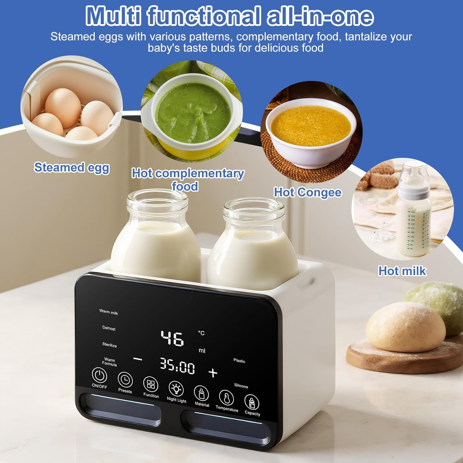 Ein multifunktionaler Babykostzubereiter mit Eiern, Congee und Milchflaschen. Es hat ein digitales Display und Knöpfe.