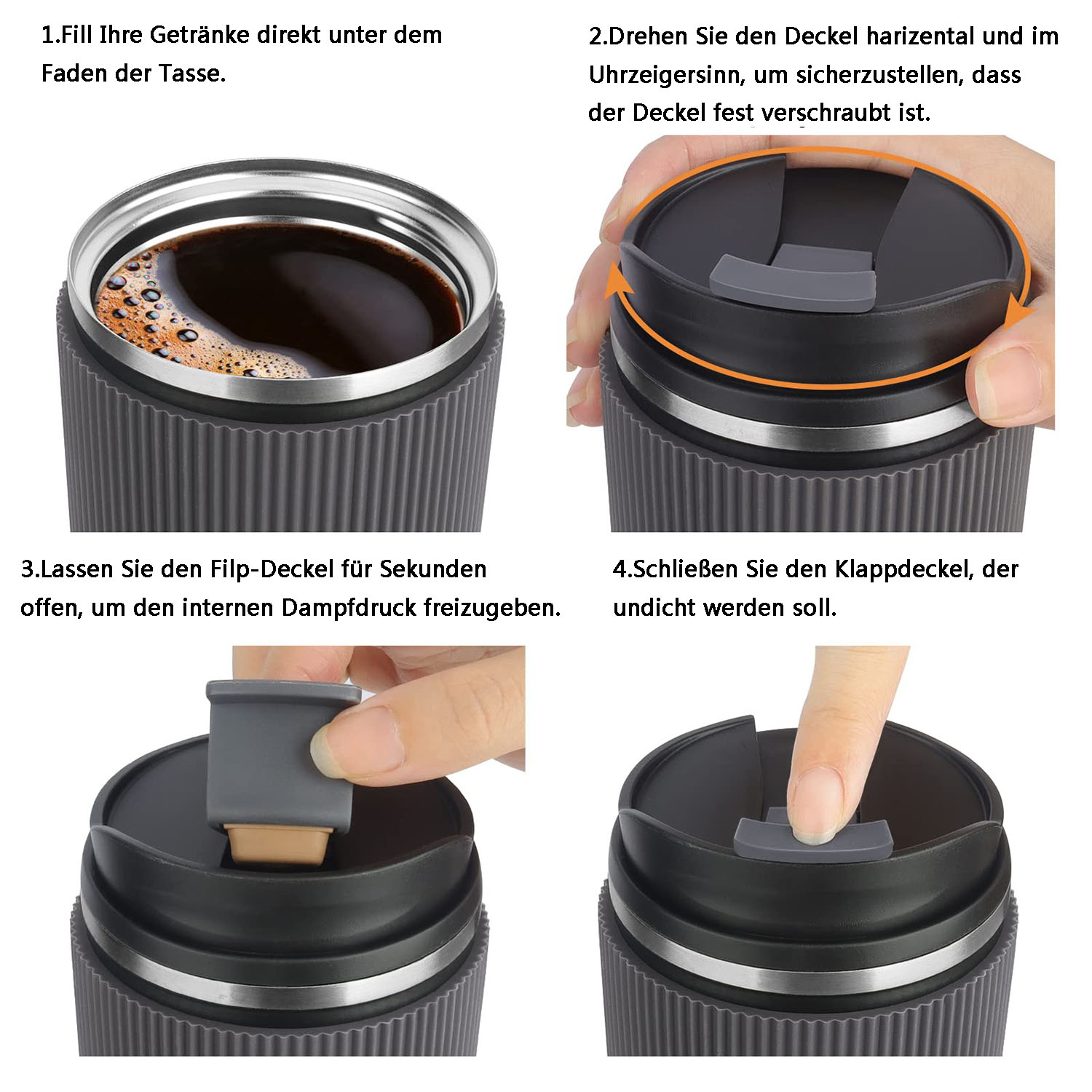 Eine vierstufige Anleitung zur Verwendung eines Thermobechers. Zeigt das Befüllen, das Zuschrauben des Deckels, das Öffnen des Klappdeckels und das Schließen des Deckels.