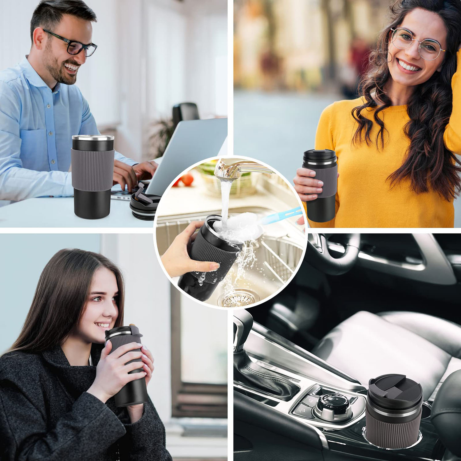 Vier Bilder zeigen einen Reisebecher in verschiedenen Umgebungen: Büro, im Freien, Waschen und Auto. Menschen benutzen den Becher.
