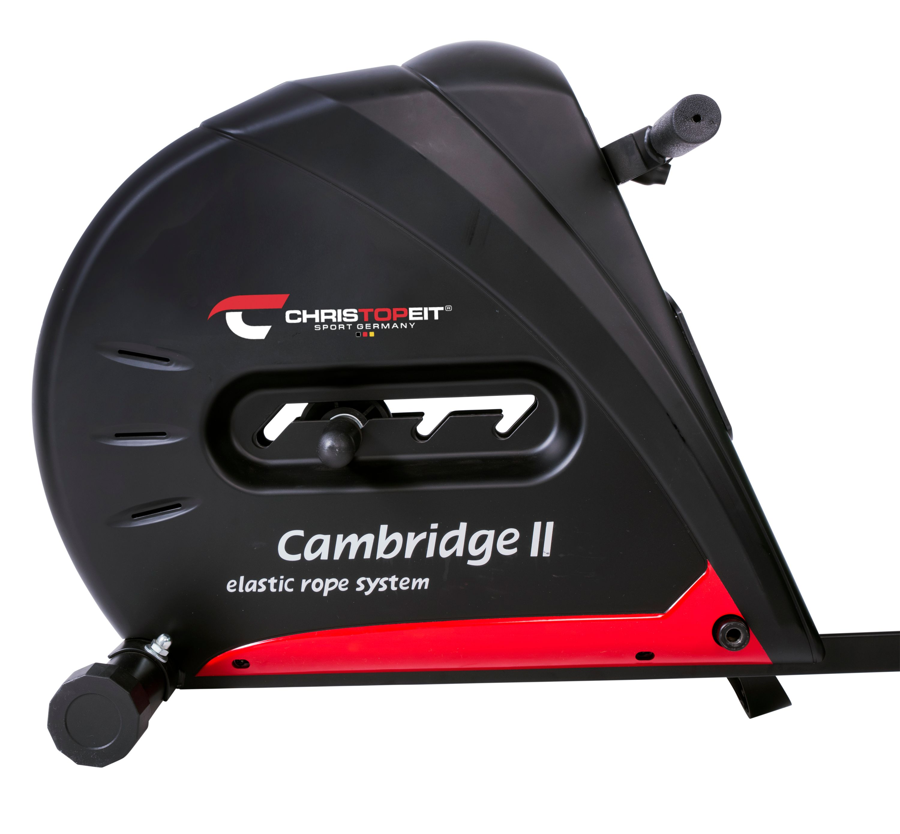 Schwarzes und rotes Trainingsgerät. Cambridge II Text sichtbar. Markenname Christopeit Sport Germany.