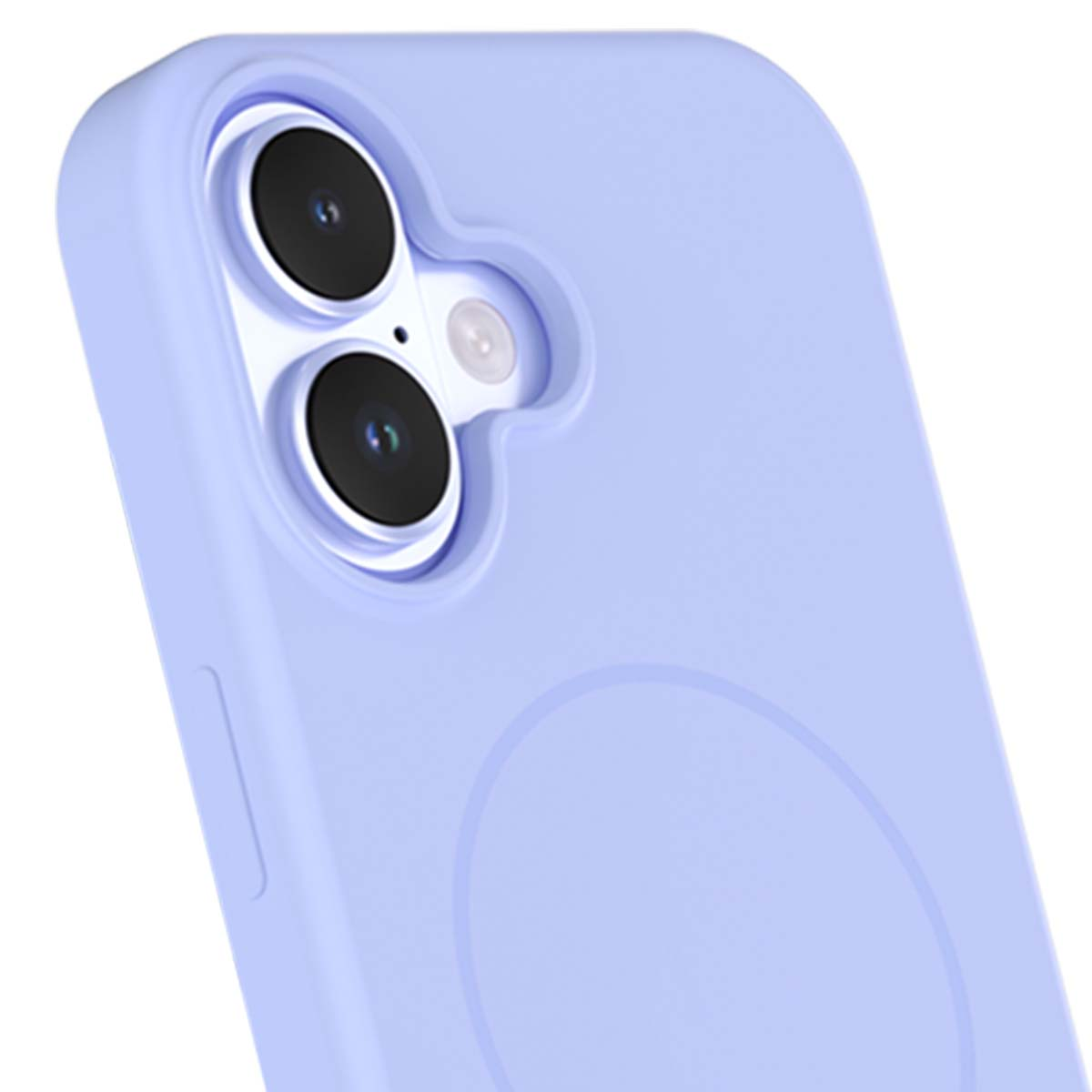 Primo piano di una custodia per telefono viola chiaro. Visibili sono i ritagli della fotocamera e un'indentazione circolare, insieme al profilo laterale.
