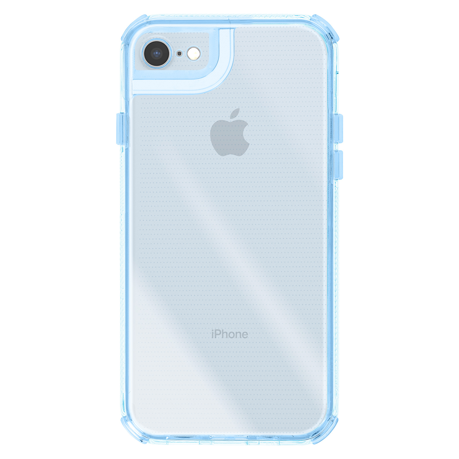 Un iPhone trasparente con una custodia protettiva blu. Il logo Apple è visibile. Il telefono è centrato su sfondo bianco.