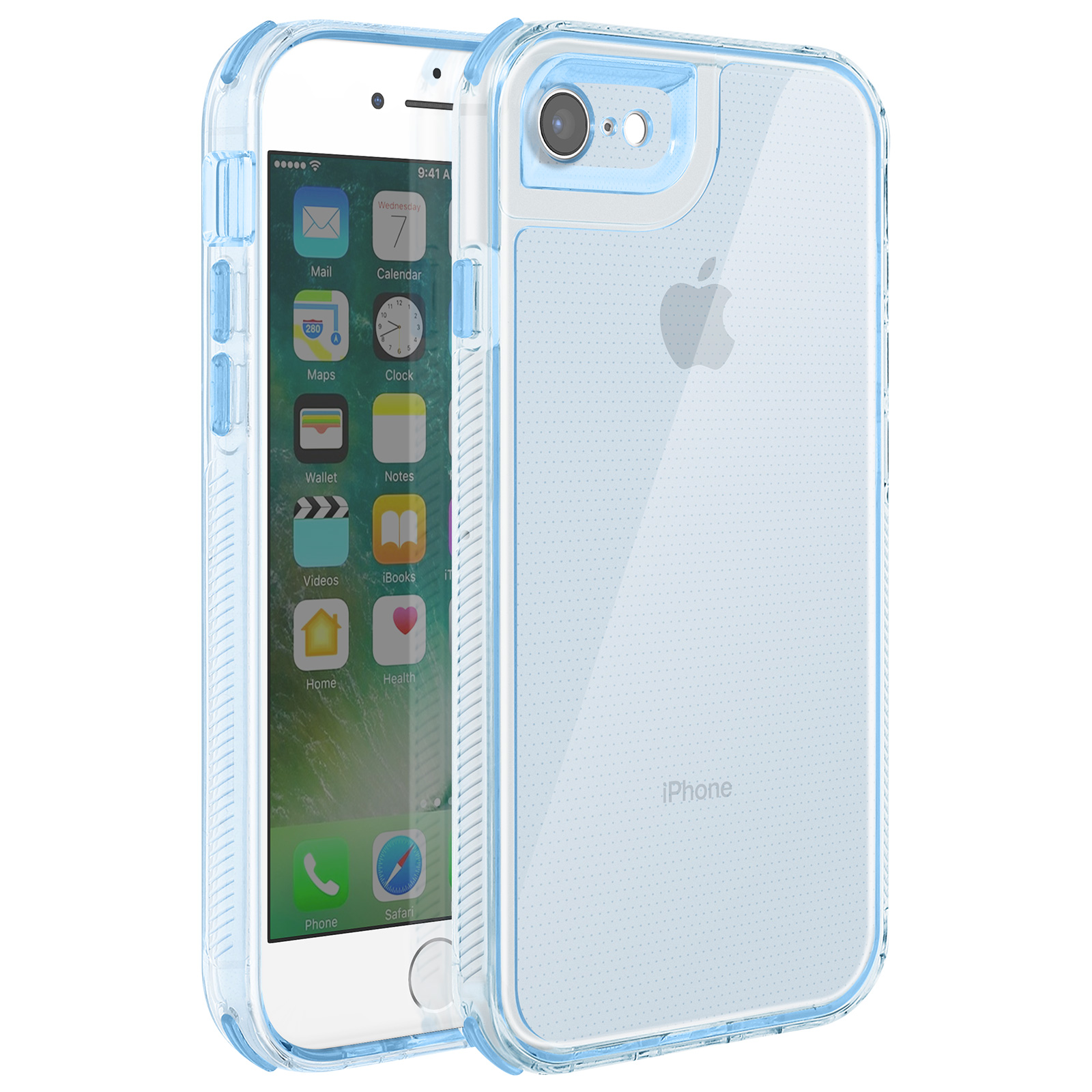 Un iPhone in una custodia blu trasparente. Il telefono visualizza le icone delle app. La custodia ha un paraurti blu.