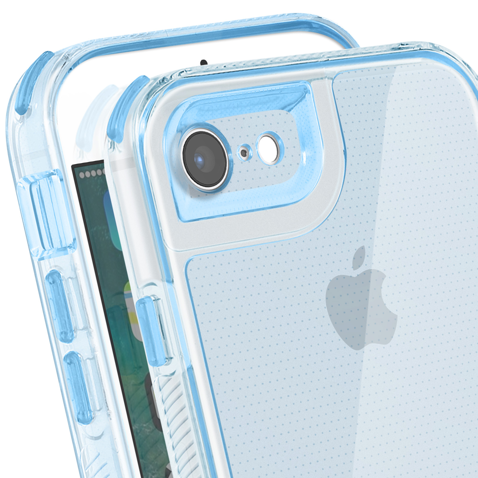 Custodia trasparente e blu per telefono. Obiettivo della fotocamera visibile. Logo Apple visibile.