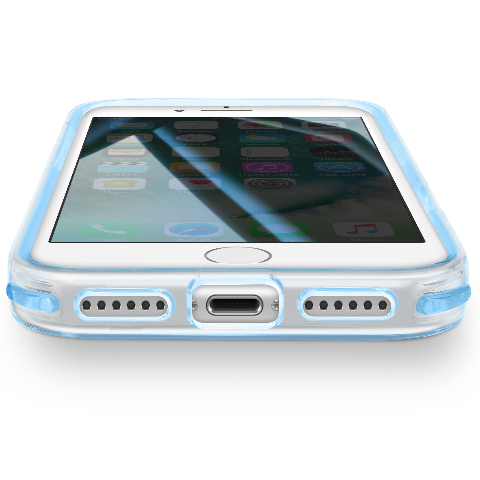 Un iPhone in una custodia trasparente con bordi blu. Lo schermo mostra le icone delle app. La parte inferiore ha porte e uno slot di ricarica.