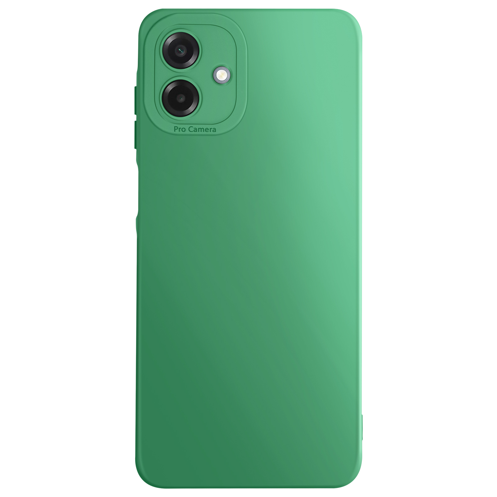 Coque de téléphone verte avec deux caméras et un flash. La coque a une texture lisse et le mot "Pro Camera".