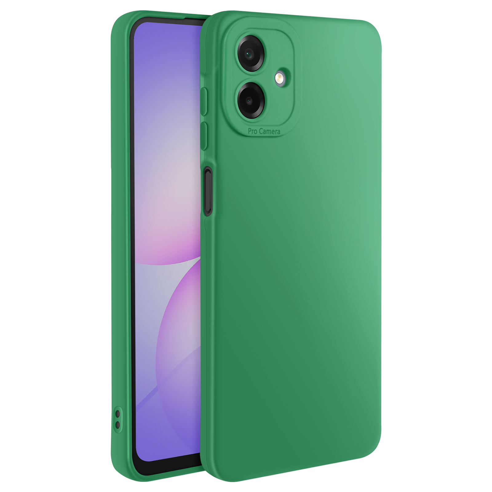 Une coque de téléphone verte avec un téléphone à l'intérieur. L'écran du téléphone affiche des couleurs violettes et blanches. Il porte l'étiquette Pro Camera.