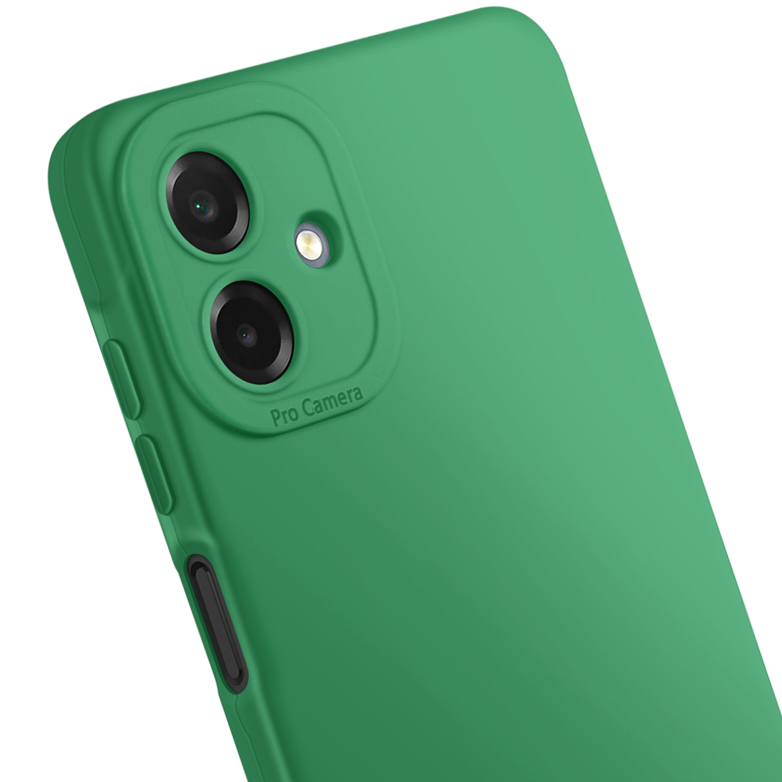 Coque de téléphone verte avec objectifs et flash. La coque recouvre l'arrière et les boutons latéraux du téléphone.