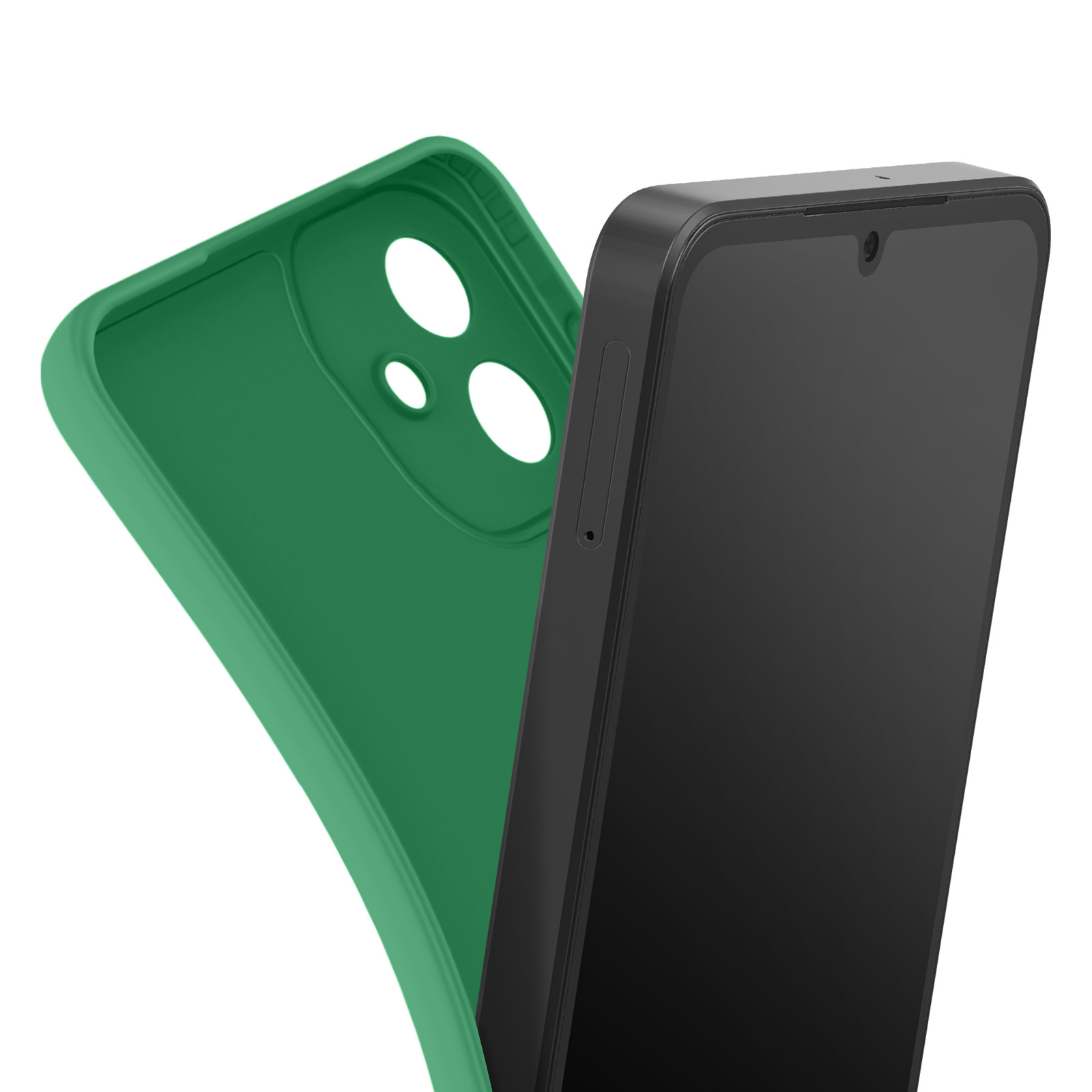 Un téléphone et une coque de téléphone verte sur fond blanc. Le téléphone est noir et la coque est verte.