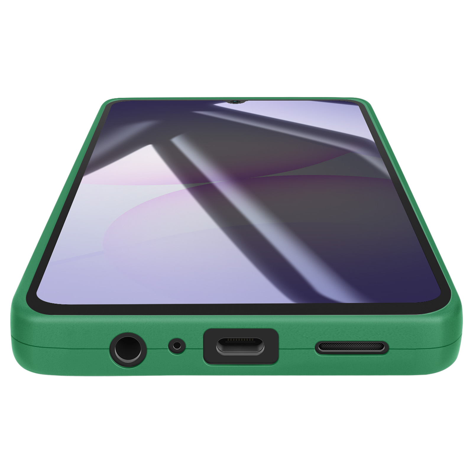 Smartphone vert sur fond blanc. Écran visible. Ports et boutons en bas. Téléphone incliné.