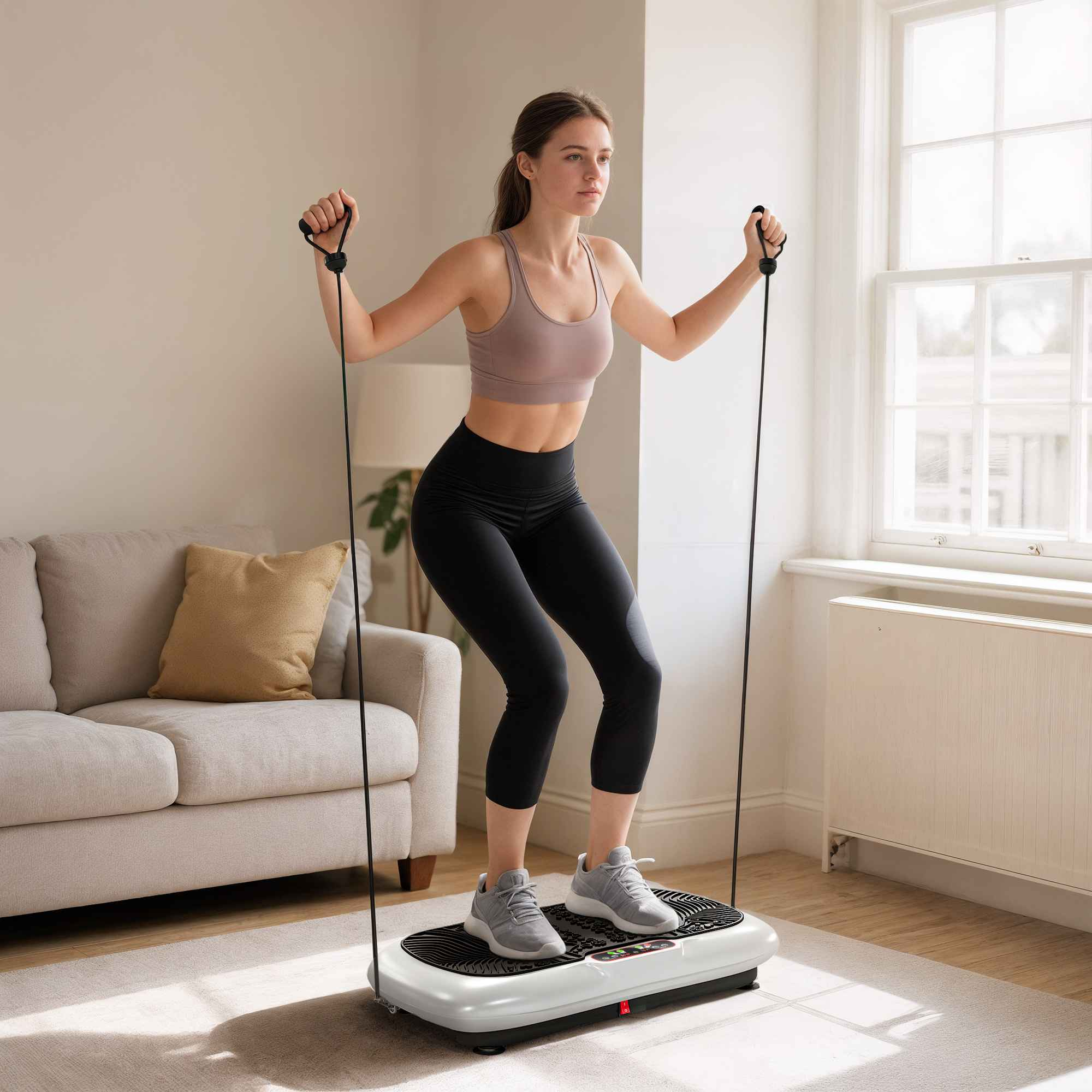 Eine Frau trainiert auf einer Vibrationsplatte und hält Griffe. Sie trägt Sportkleidung und ist in einem Raum mit Fenster.