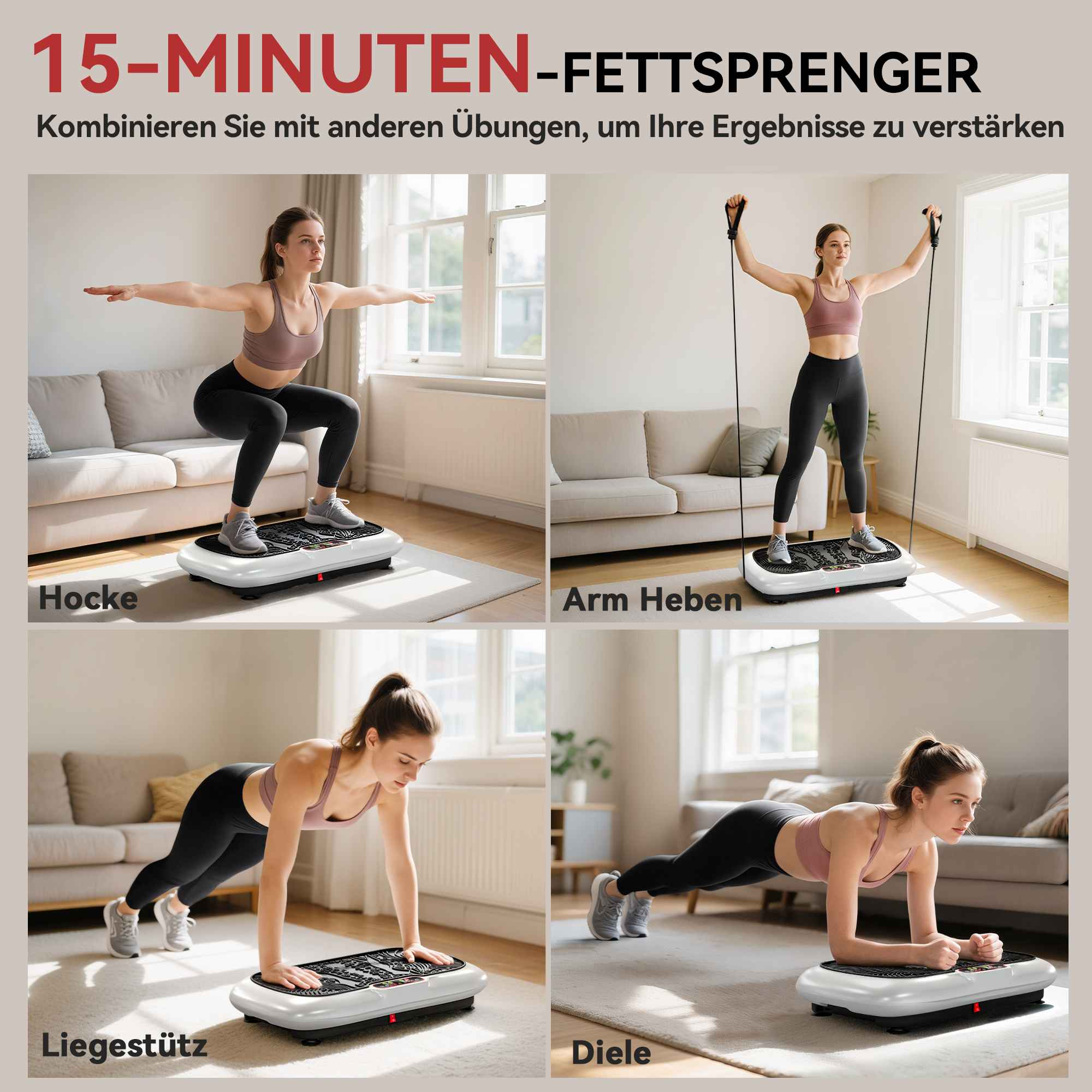 Das Bild zeigt vier Übungen: Kniebeugen, Armheben, Liegestütze und Plank. Frauen führen die Übungen auf Vibrationsplatten aus.