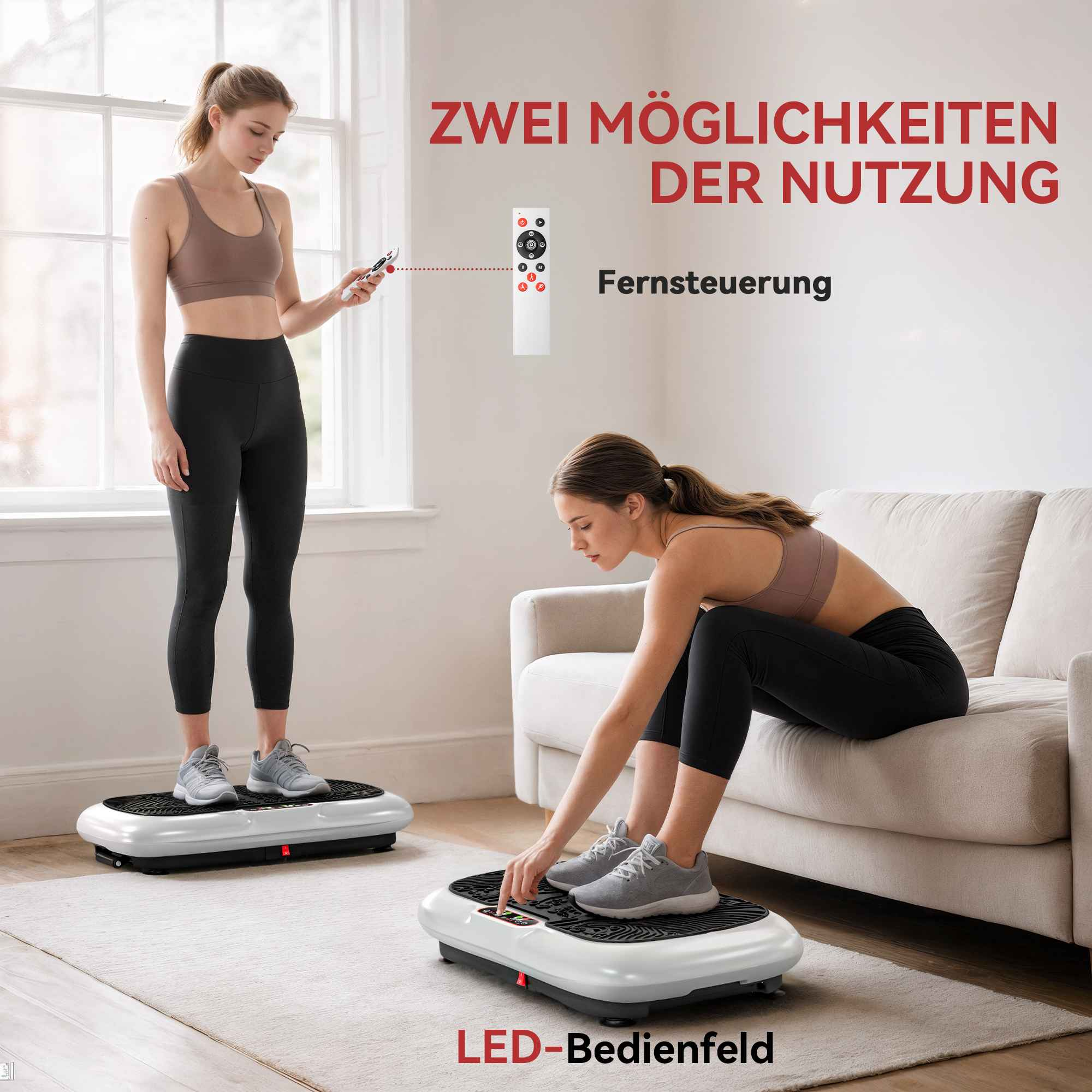 Zwei Frauen benutzen Vibrationsplatten in Innenräumen. Eine benutzt eine Fernbedienung, die andere stellt die Platte ein.