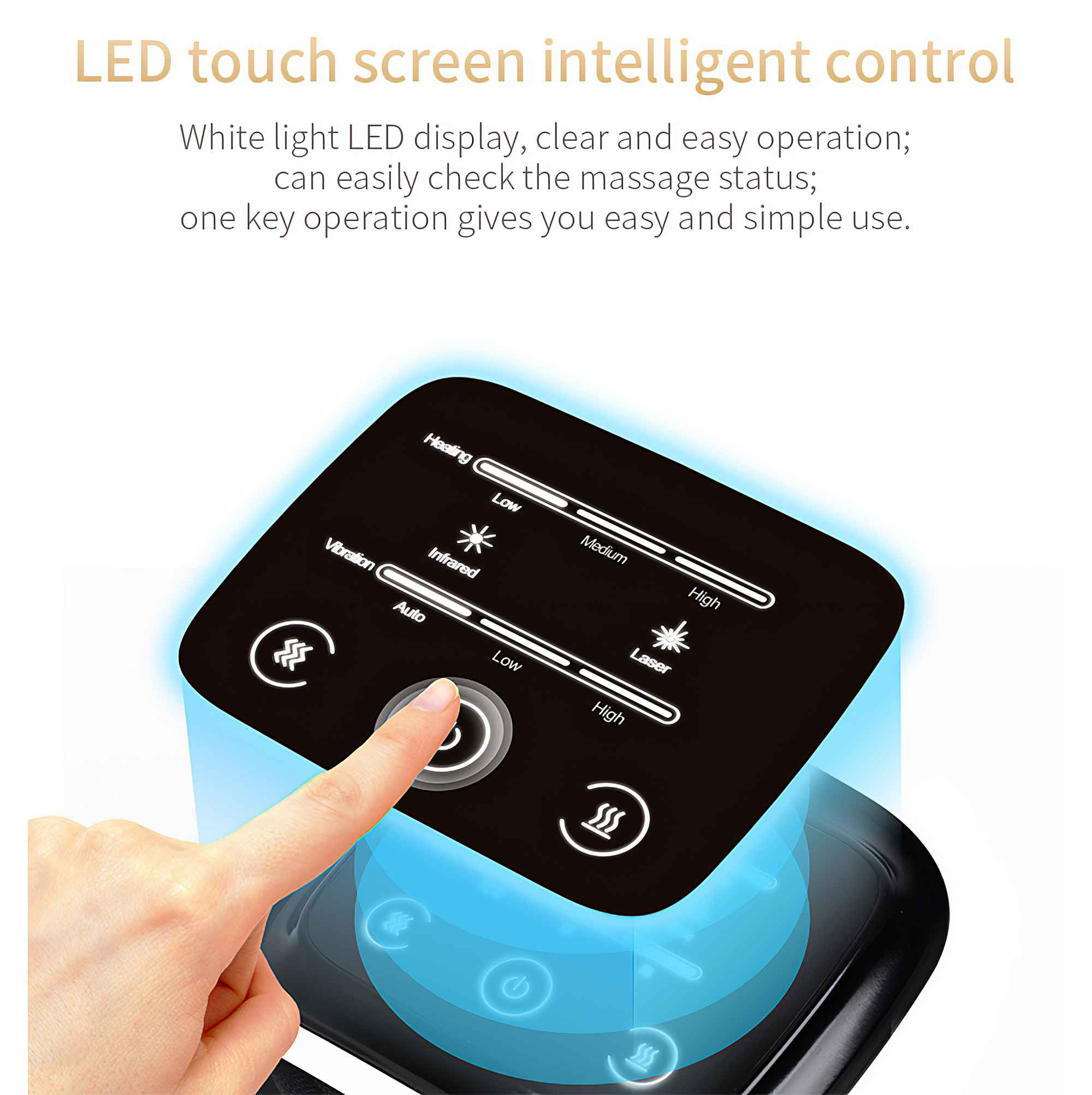 Schwarzer Touchscreen mit Optionen für Heizung, Vibration und Laser. Ein Finger drückt eine Taste.