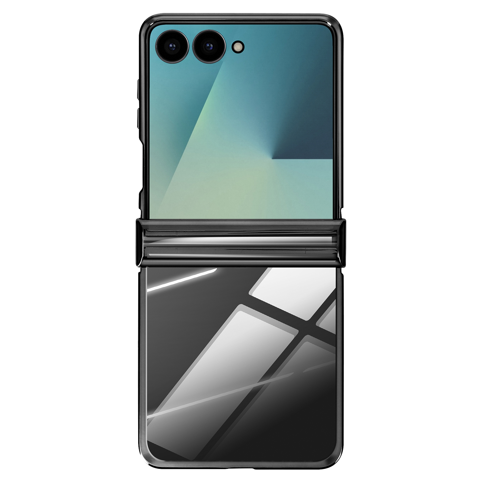 Een opvouwbare zwarte smartphone, open. Bovenkant heeft camera's, onderkant reflecteert met lichtreflecties.