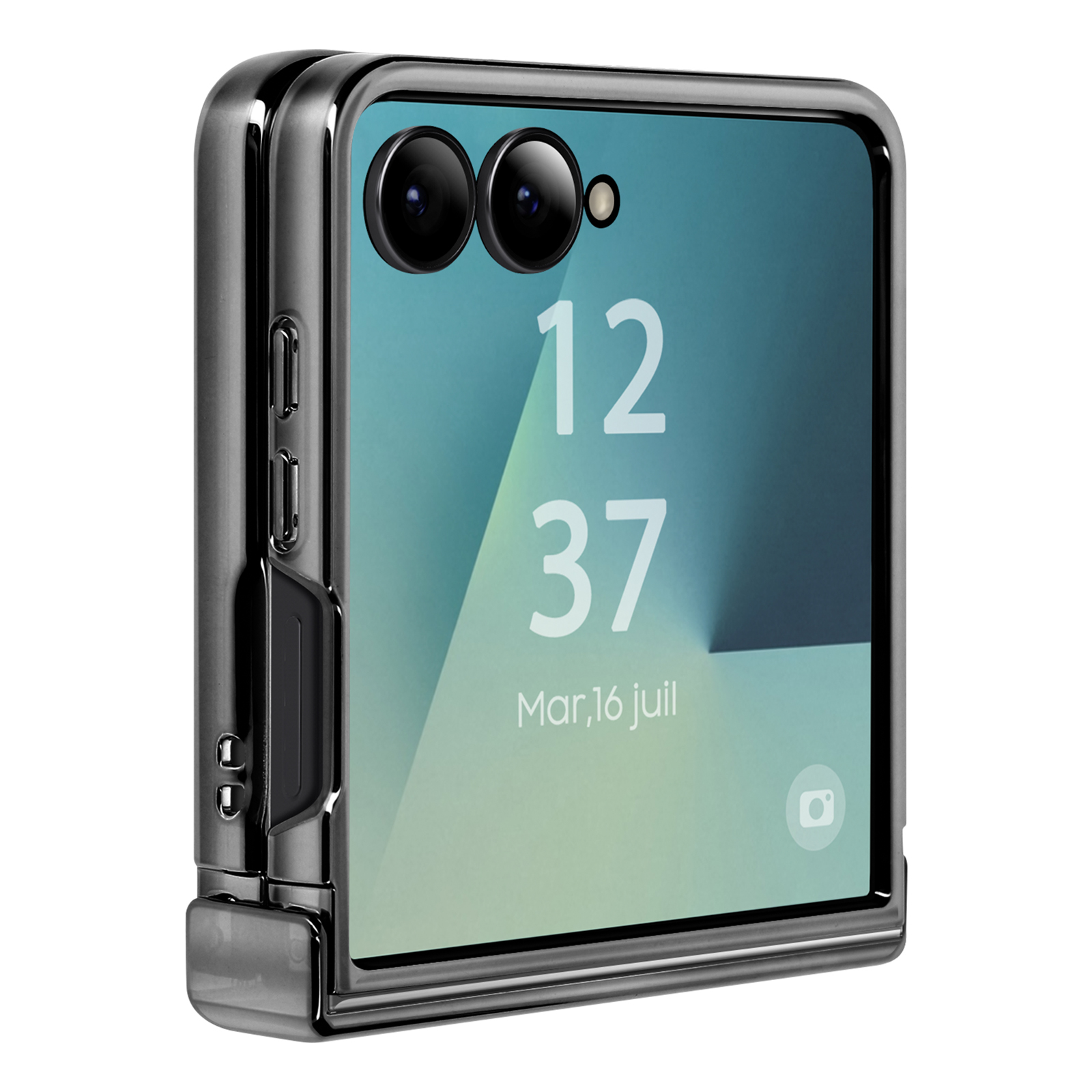 Opvouwbare smartphone met dubbele camera's, een scherm met de tijd '12:37' en de datum 'Mar, 16 juil', in een transparante case.