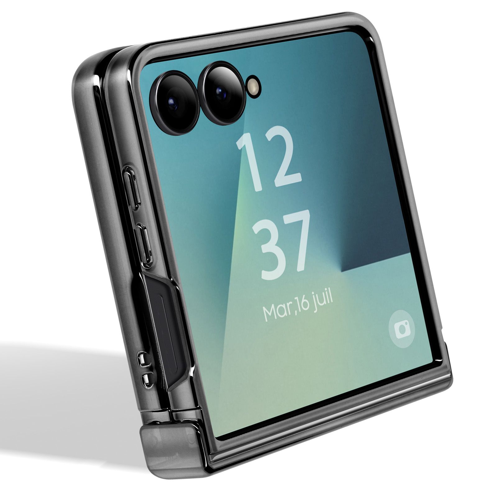 Een opvouwbare telefoon, zwart frame, met 12:37 en de datum. De telefoon is gedeeltelijk open, op een witte achtergrond.