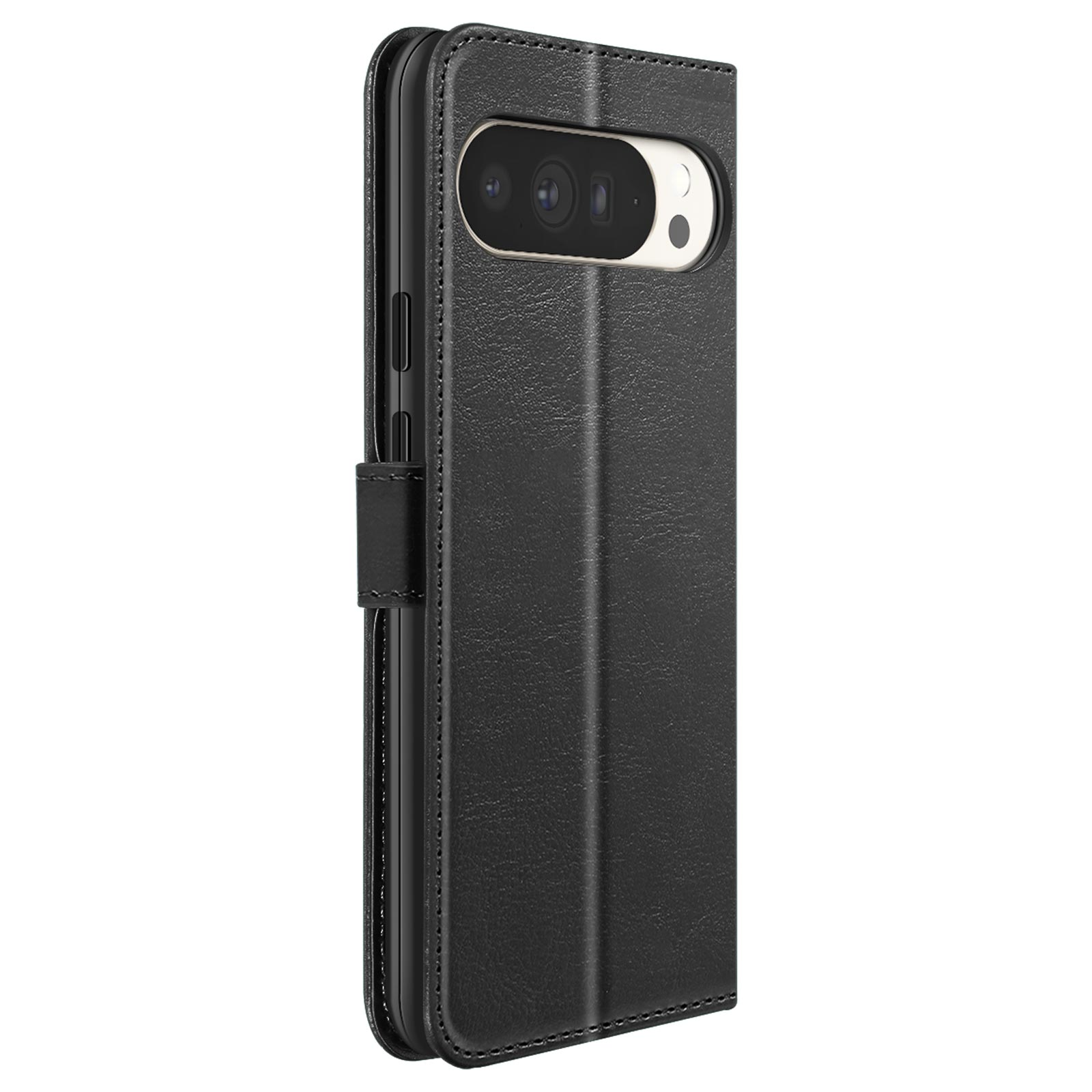 È mostrata una custodia nera per telefono, aperta. La custodia ha un cinturino magnetico e un ritaglio per la fotocamera.