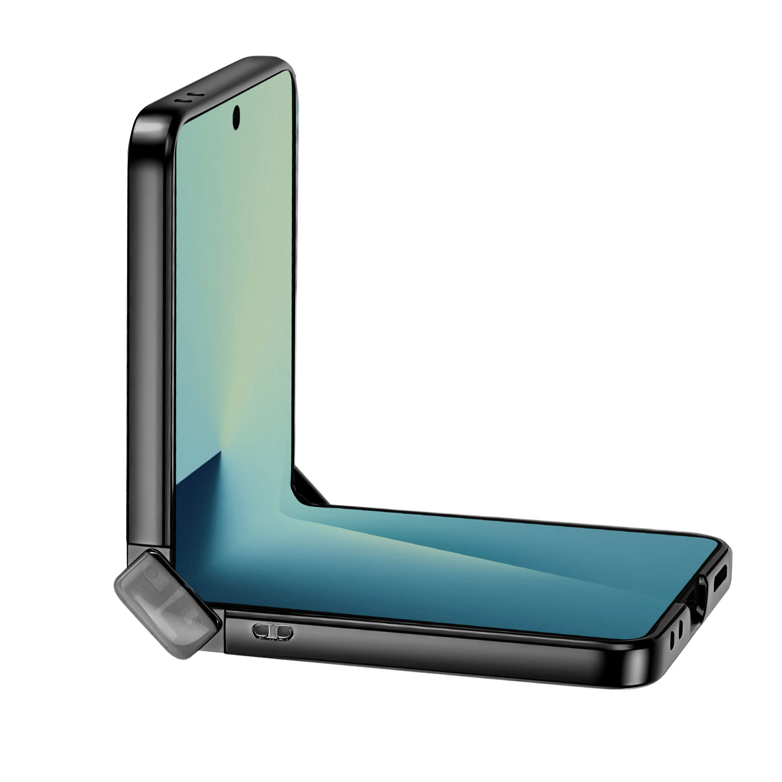 Een zwarte opvouwbare smartphone is half open, en toont het scherm, met een verloop van blauwe en groene kleuren.