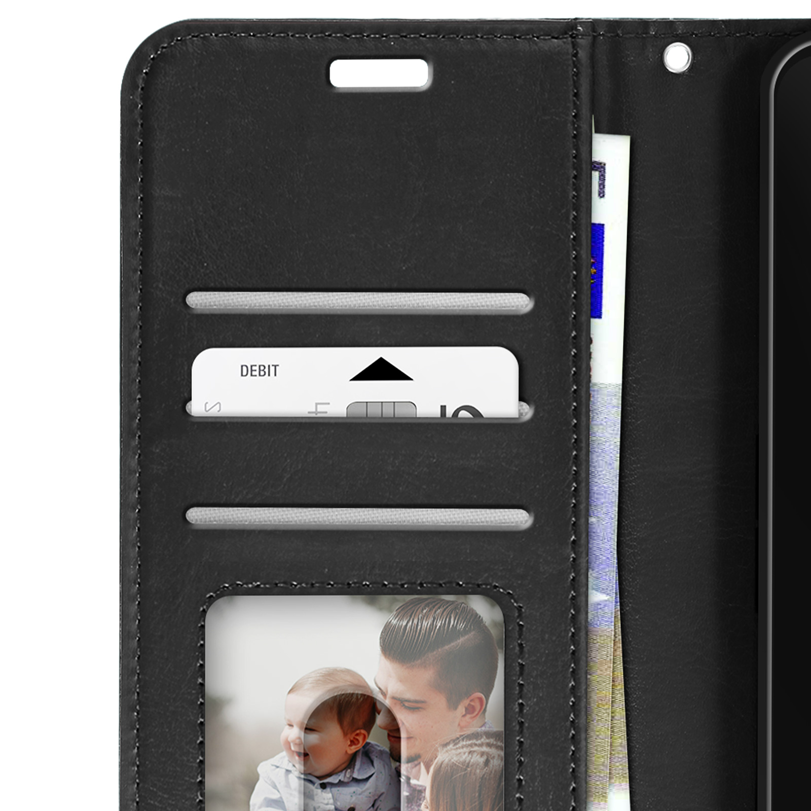 Portafoglio nero con scomparti per carte, una carta di debito, denaro e una foto di un uomo e un bambino.
