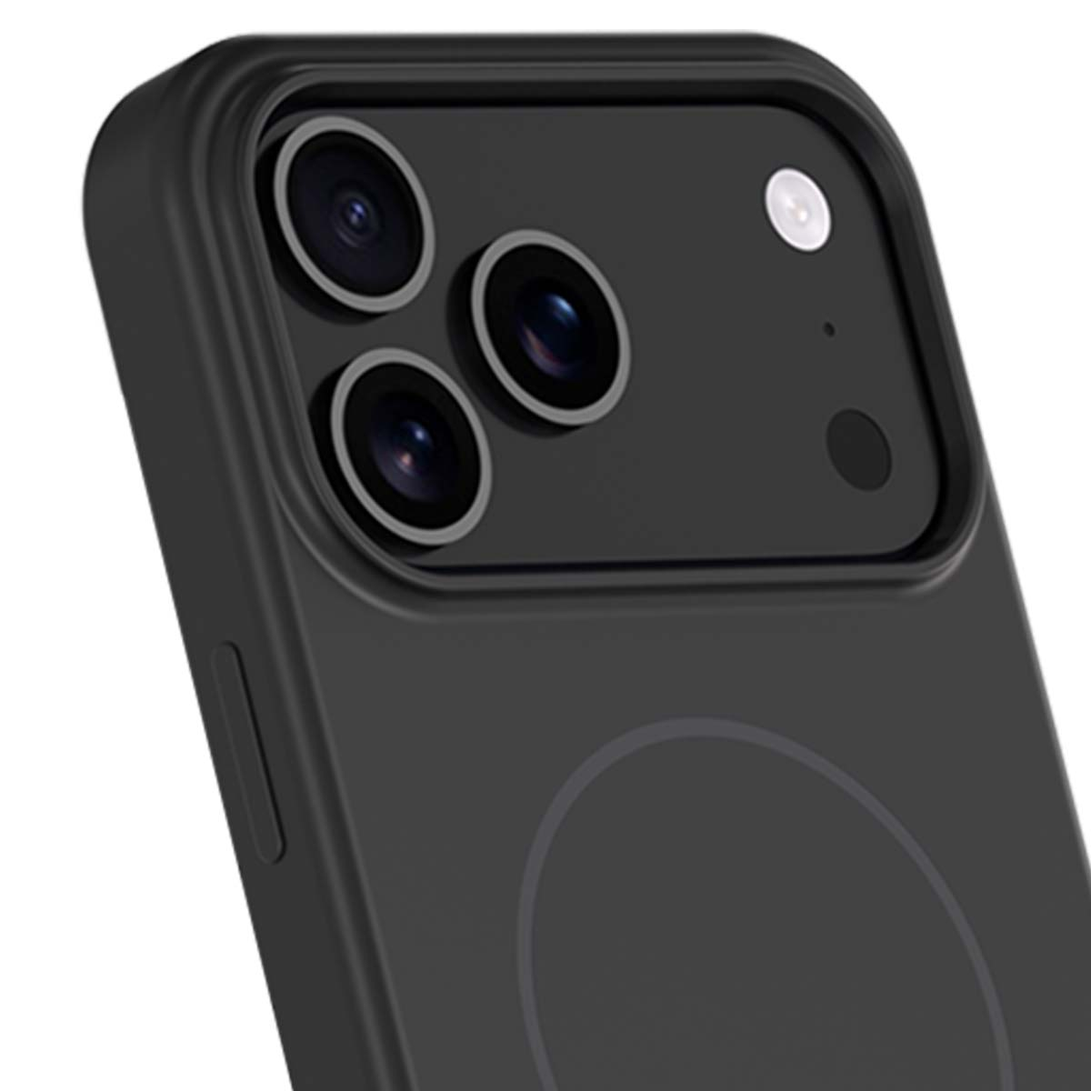 Primo piano di uno smartphone nero. Visibili tre obiettivi della fotocamera, un flash e un pulsante laterale. Il telefono ha una finitura opaca.